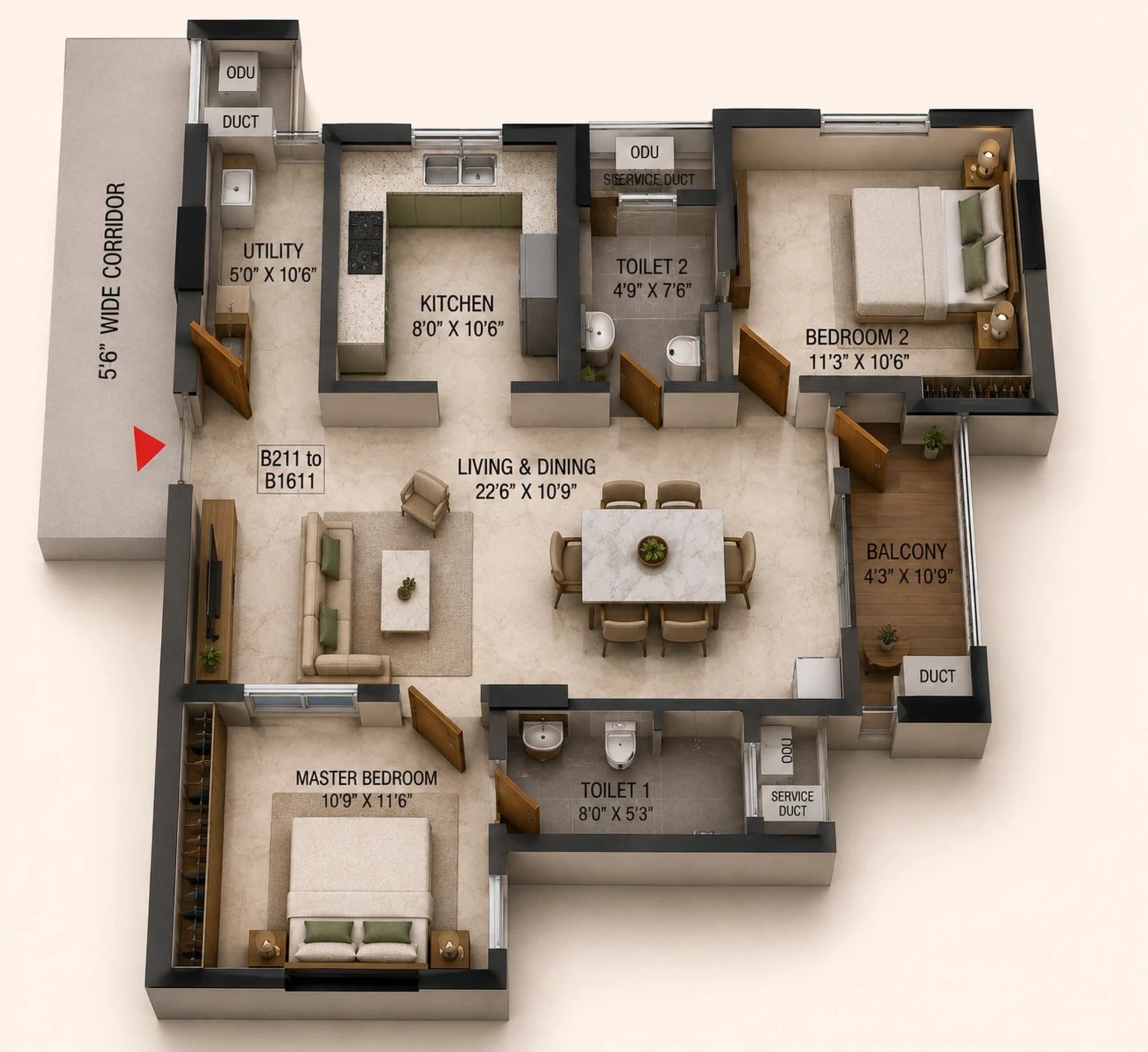 2 BHK Apartment Floor Plan – Ramaniyam Sai Aranya