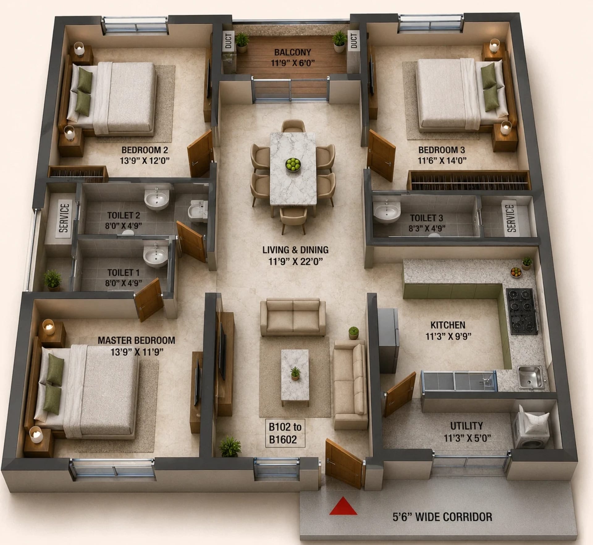 3 BHK Apartment Floor Plan – Ramaniyam Sai Aranya
