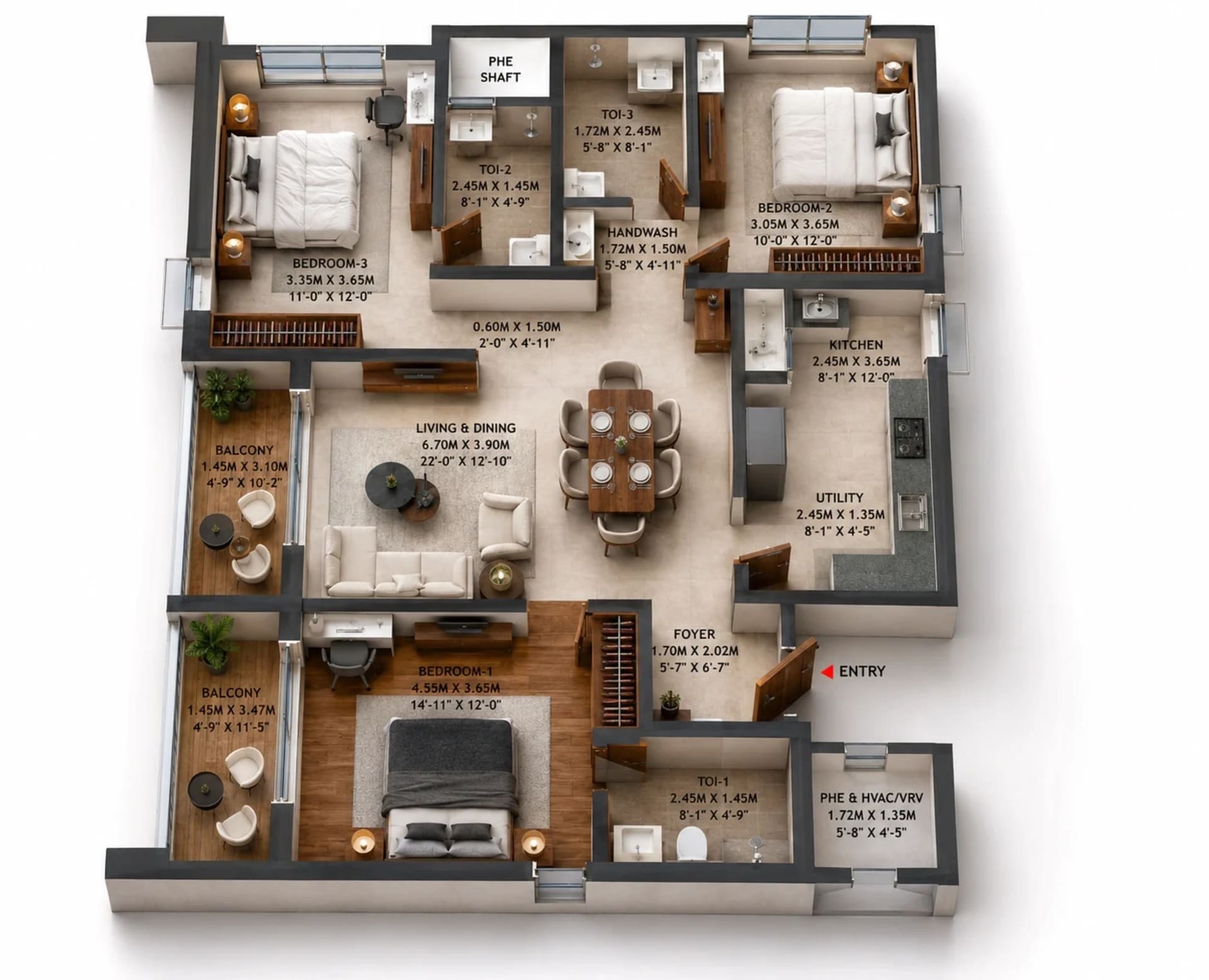 3 BHK Apartment Floor Plan – Brigade Altius