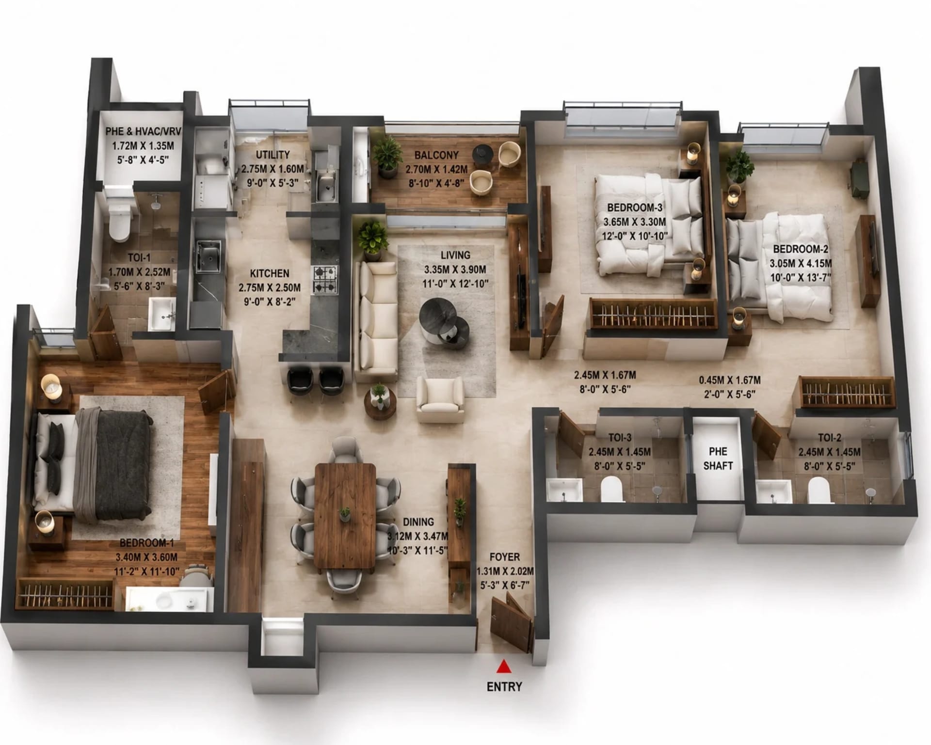 3 BHK Apartment Floor Plan – Brigade Altius