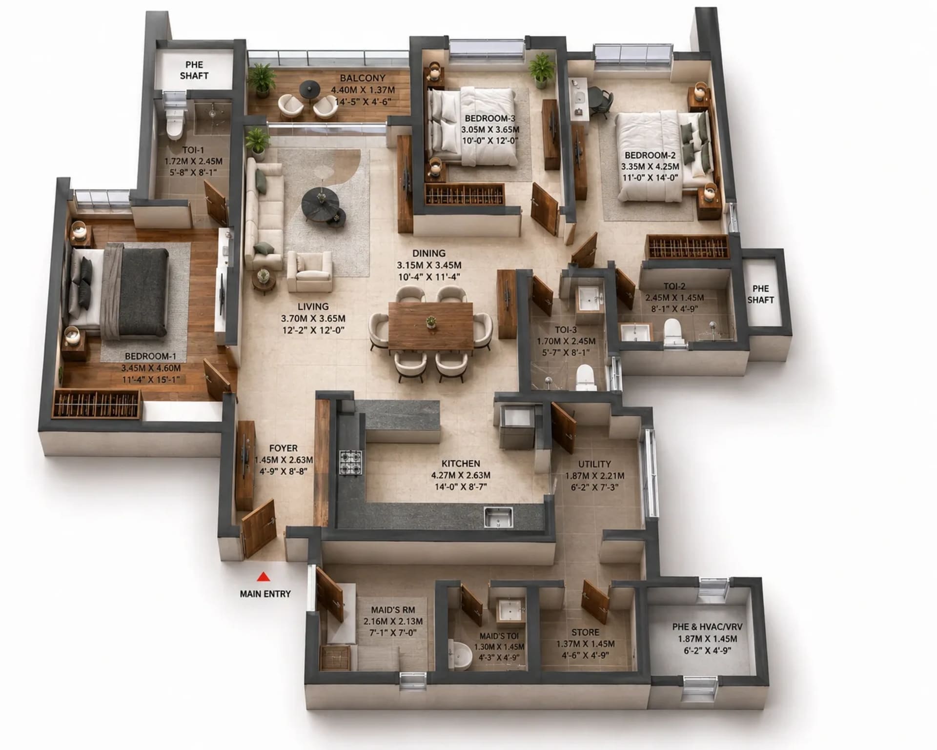 3 BHK Apartment Floor Plan – Brigade Altius