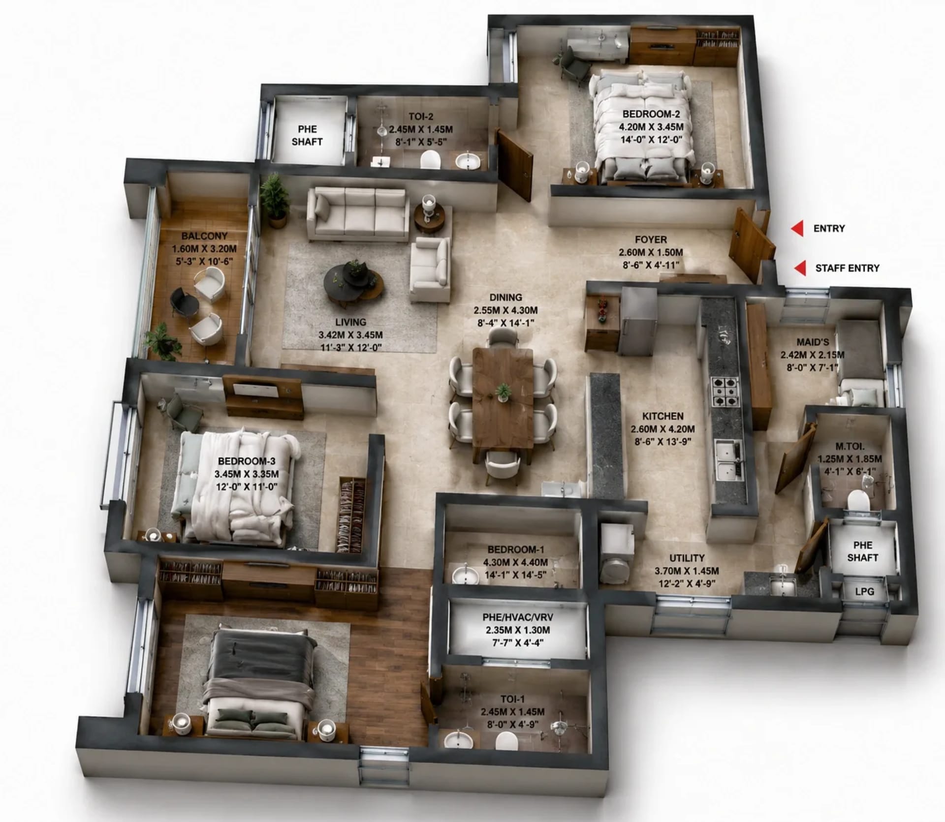 3 BHK Apartment Floor Plan – Brigade Altius