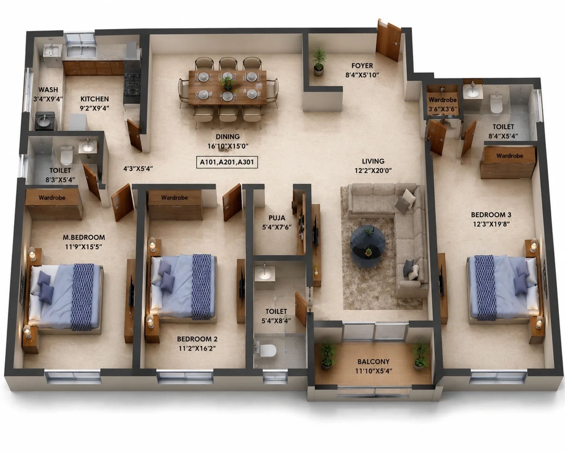 3 BHK Apartment Floor Plan – Bhaggyam Dharini
