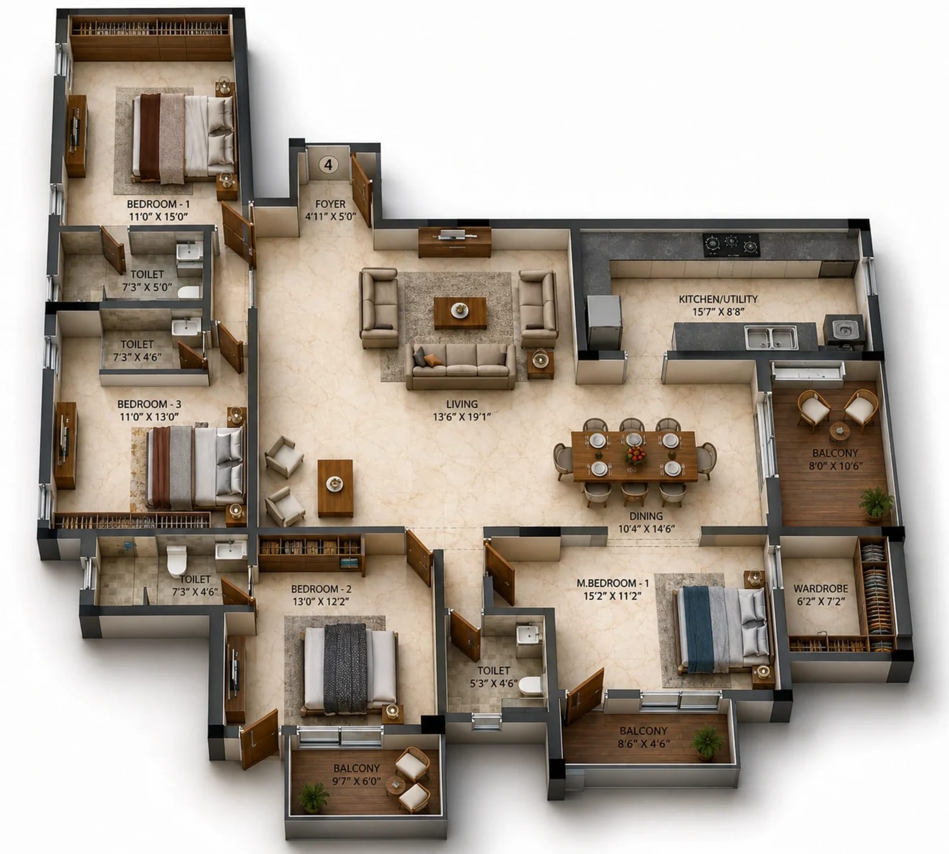 4 BHK Apartment Floor Plan – KG Rosetta