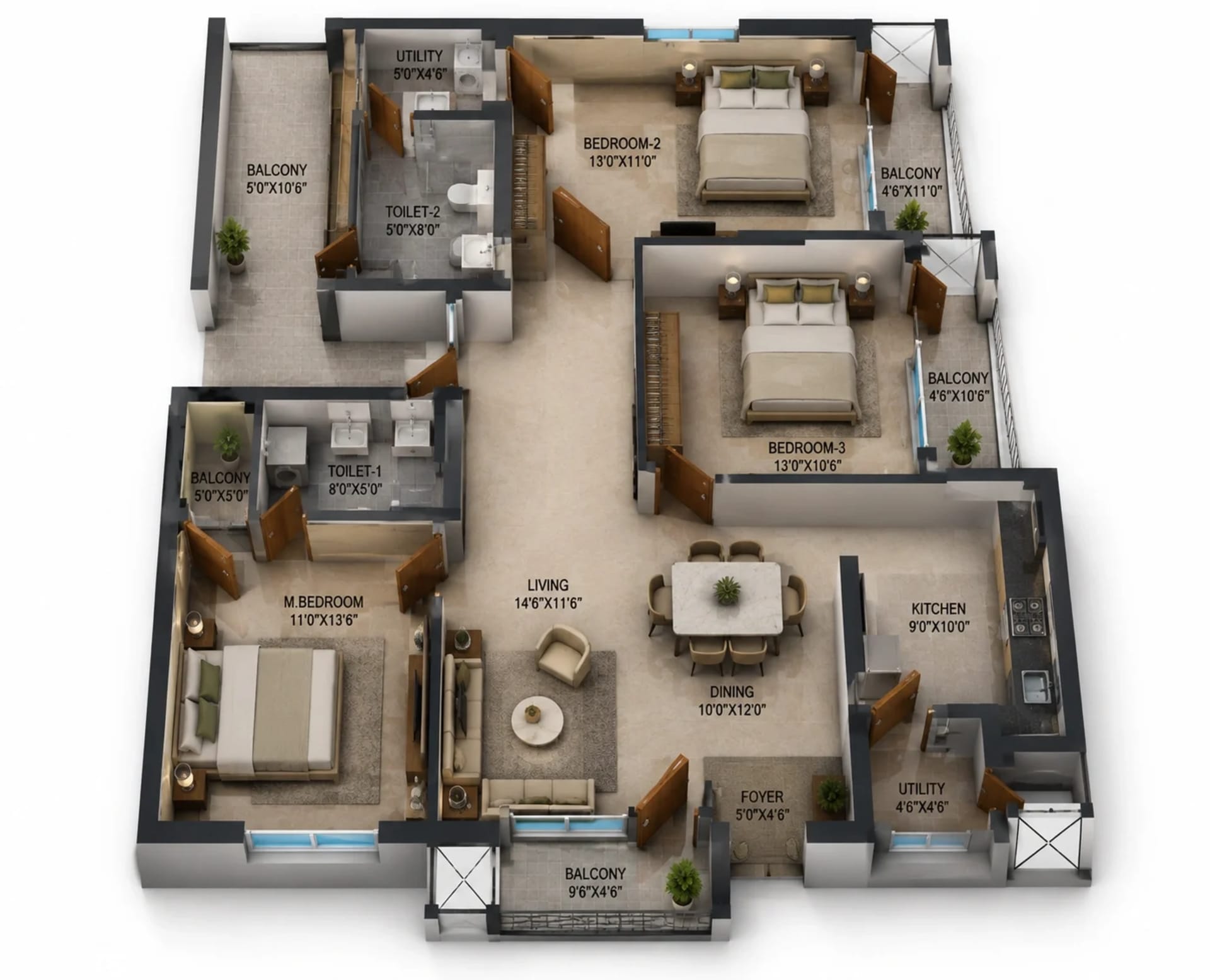 3 BHK Apartment Floor Plan – KG Impressions