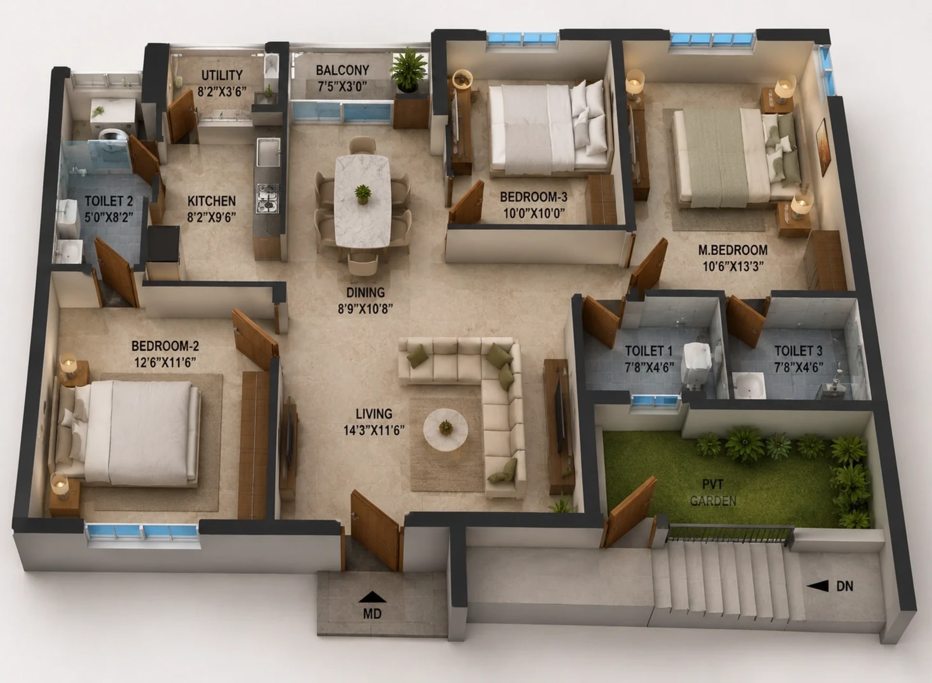 3 BHK Apartment Floor Plan – KG Impressions