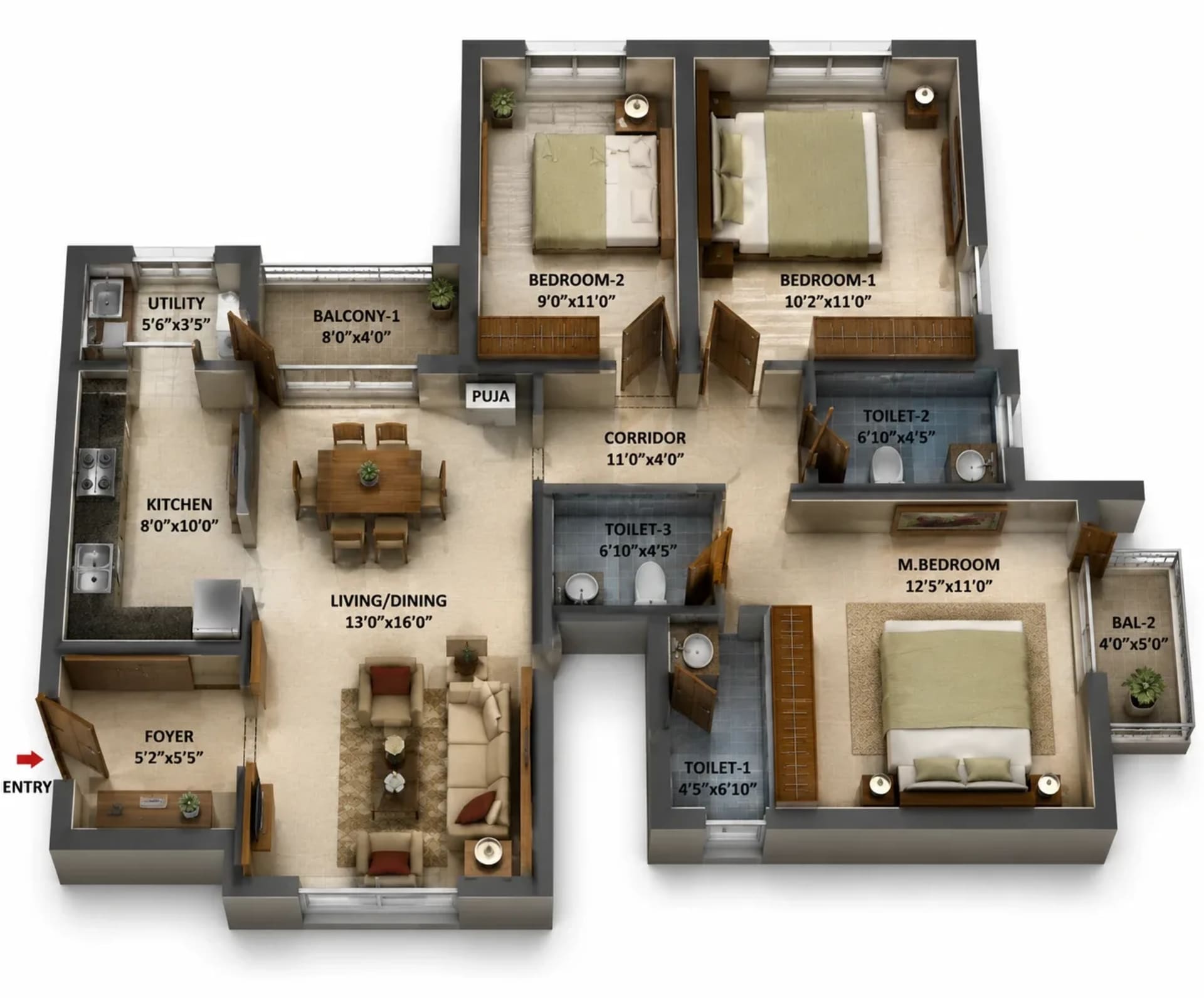 3 BHK Apartment Floor Plan – Shriram 122 West