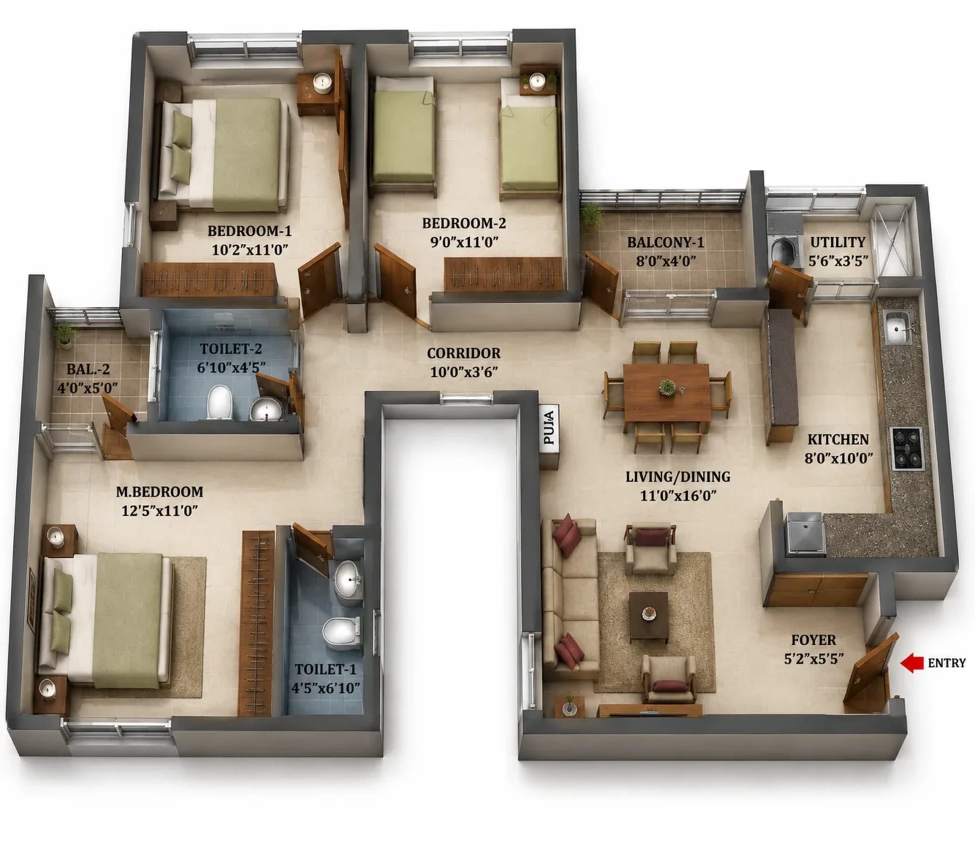 3 BHK Apartment Floor Plan – Shriram 122 West