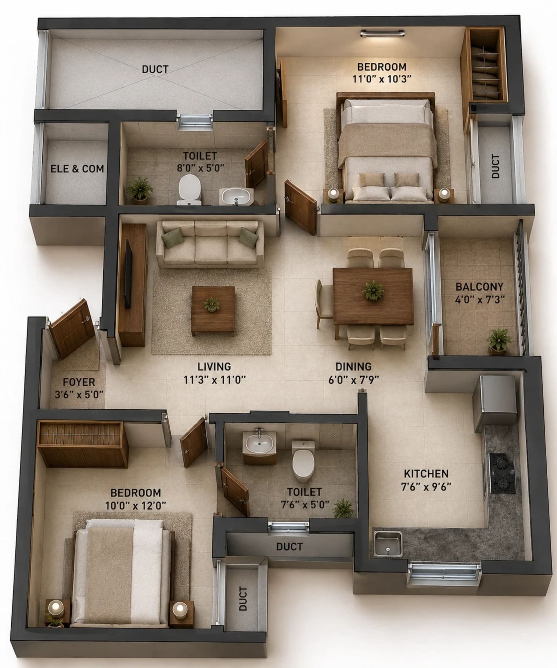 2 BHK Apartment Floor Plan – HiLiving Serenity