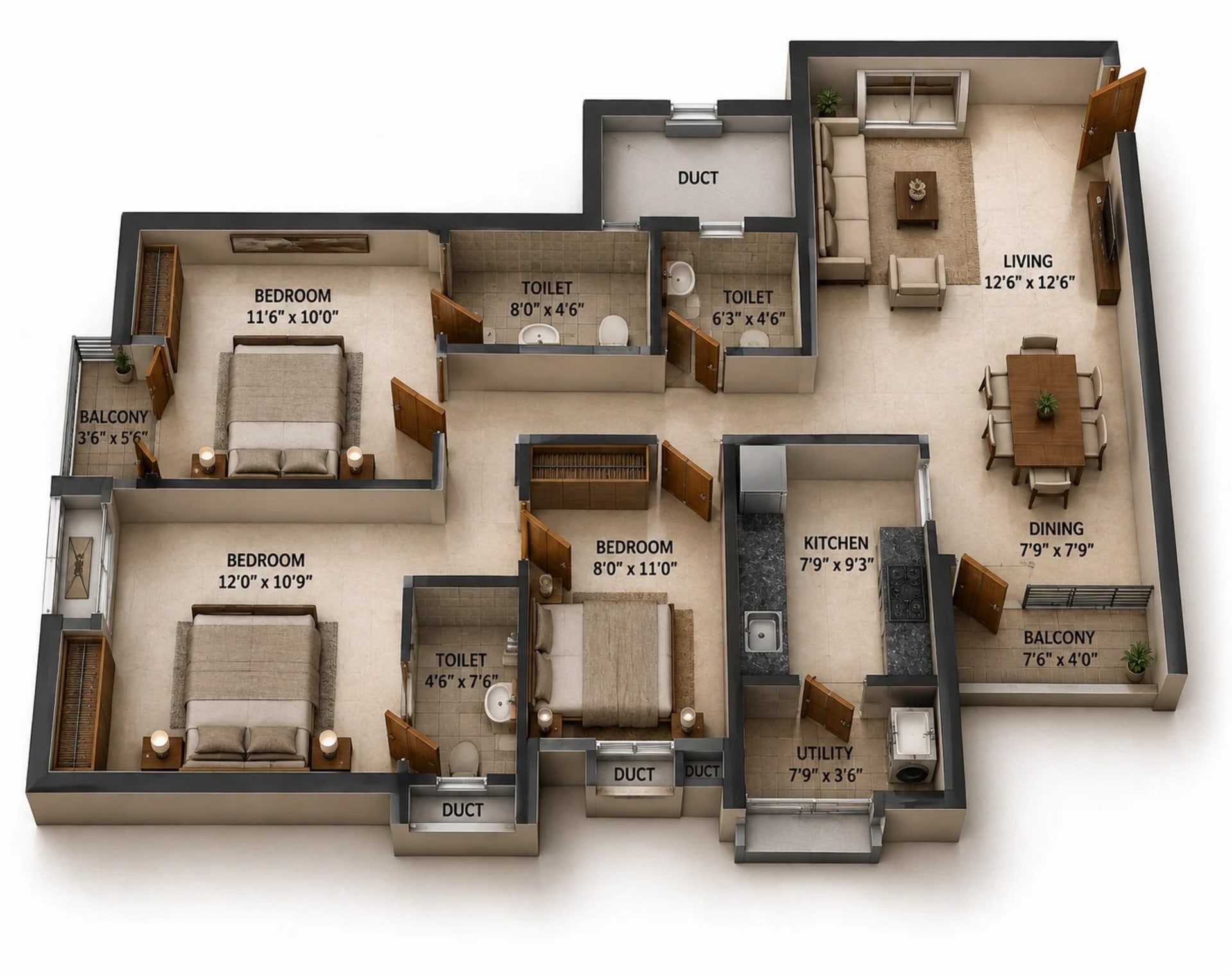 3 BHK Apartment Floor Plan – HiLiving Serenity