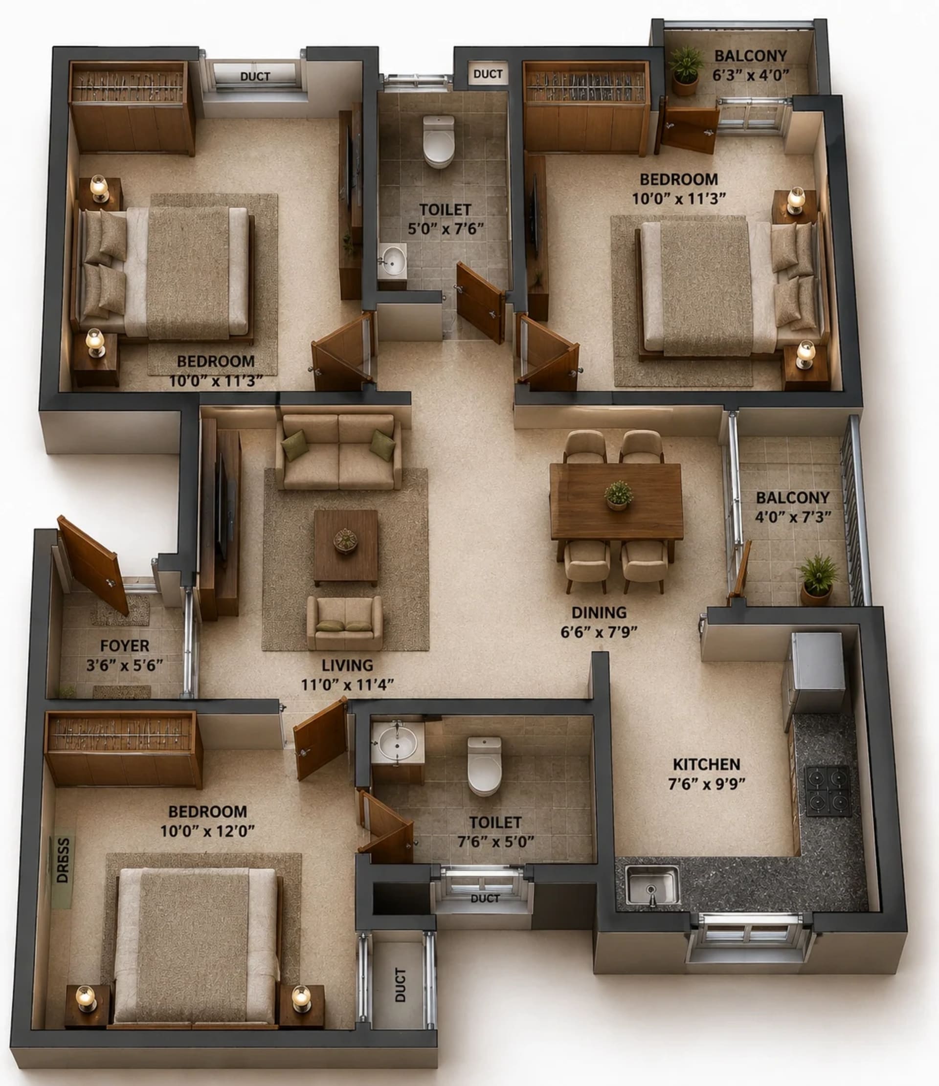 3 BHK Apartment Floor Plan – HiLiving Serenity