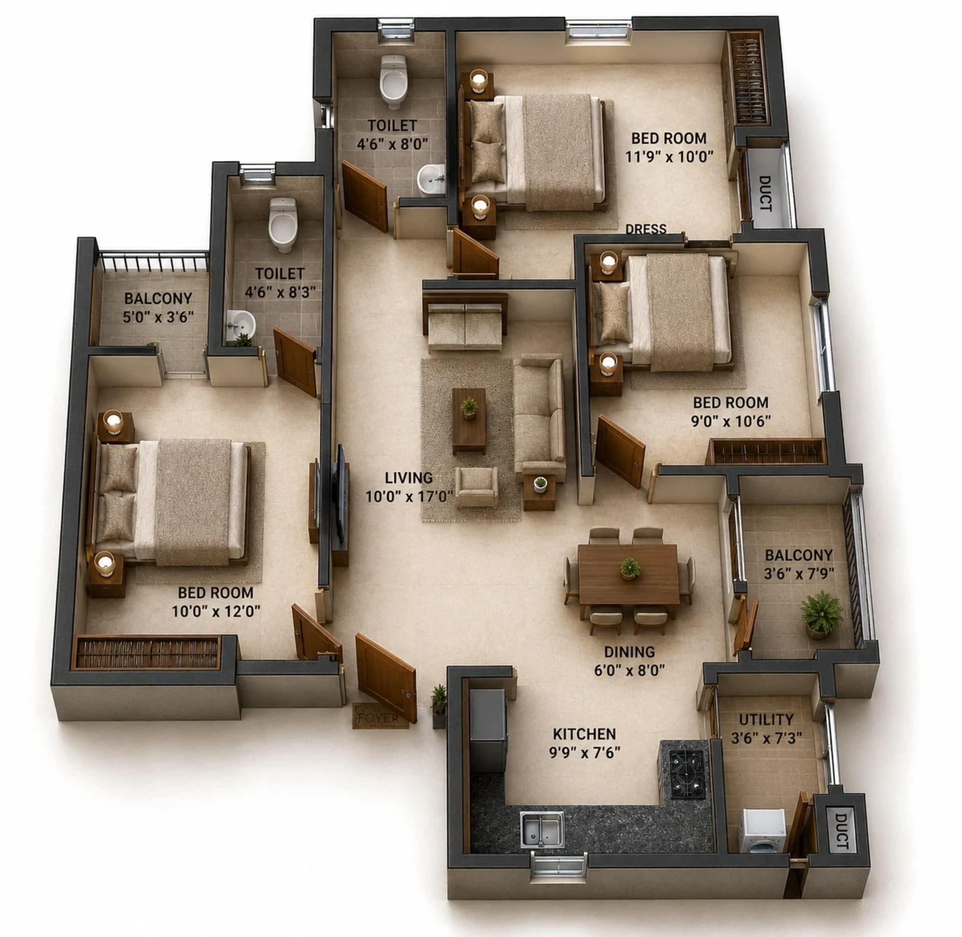 3 BHK Apartment Floor Plan – HiLiving Serenity