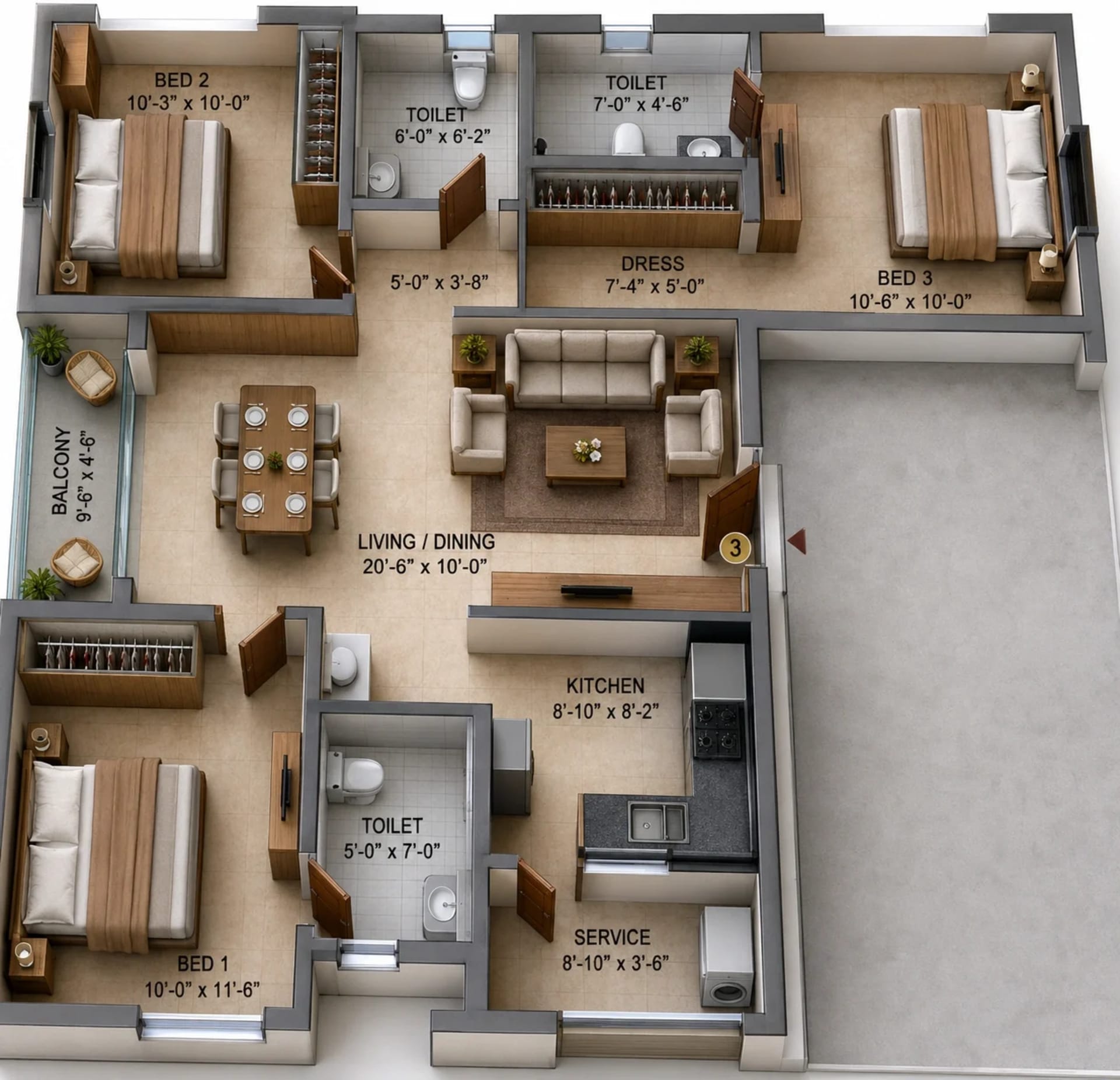 3 BHK Apartment Floor Plan – LML The League One