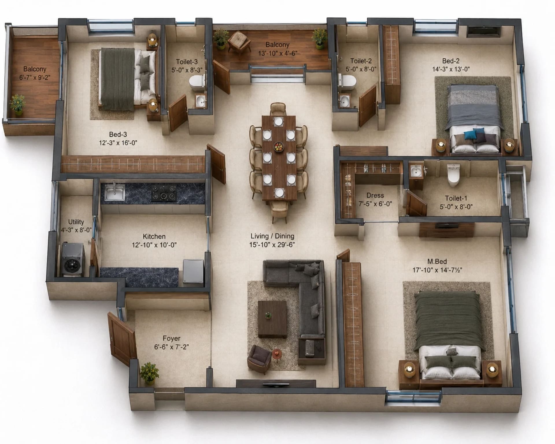 3 BHK Apartment Floor Plan – Kochar Gagan