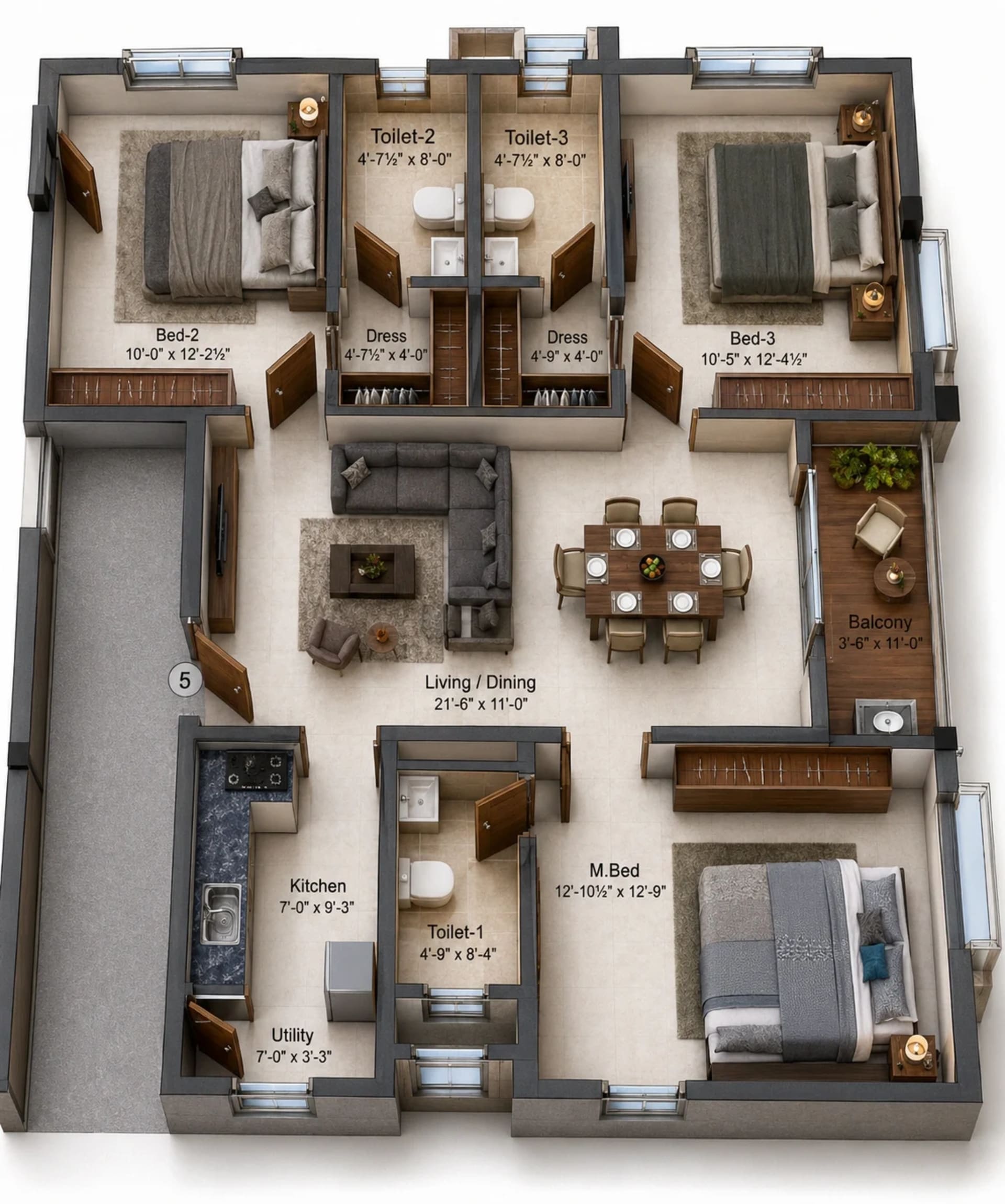 3 BHK Apartment Floor Plan – Kochar Gagan