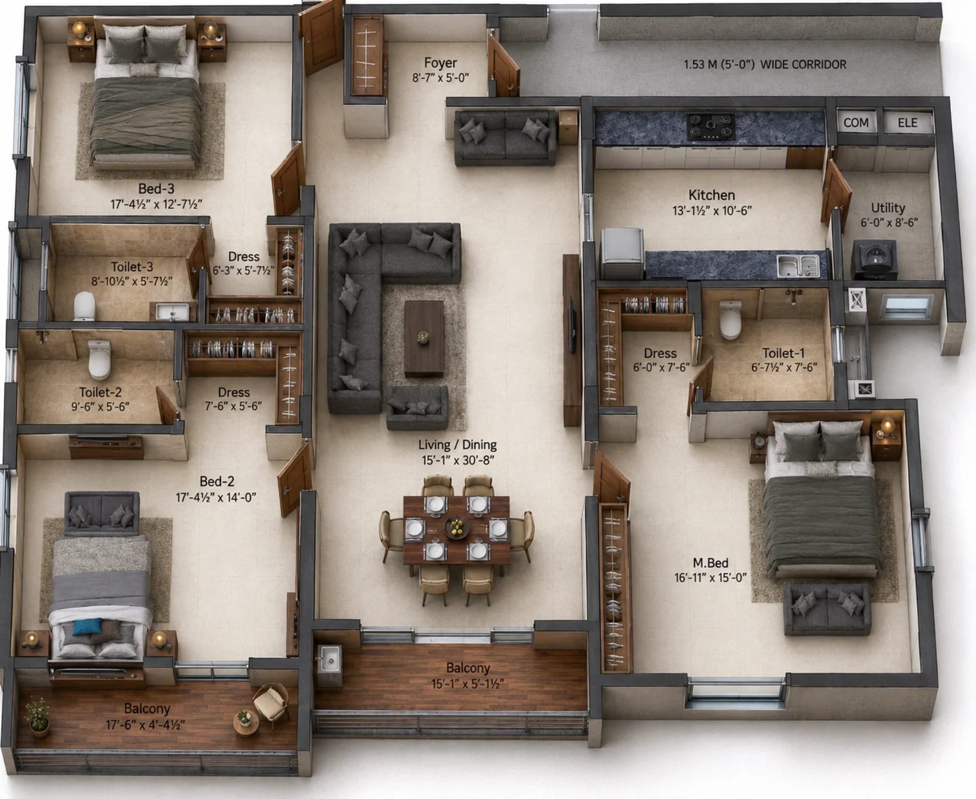 3 BHK Apartment Floor Plan – Kochar Gagan