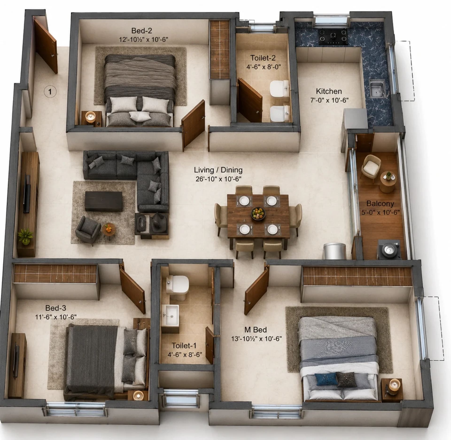 3 BHK Apartment Floor Plan – Kochar Gagan