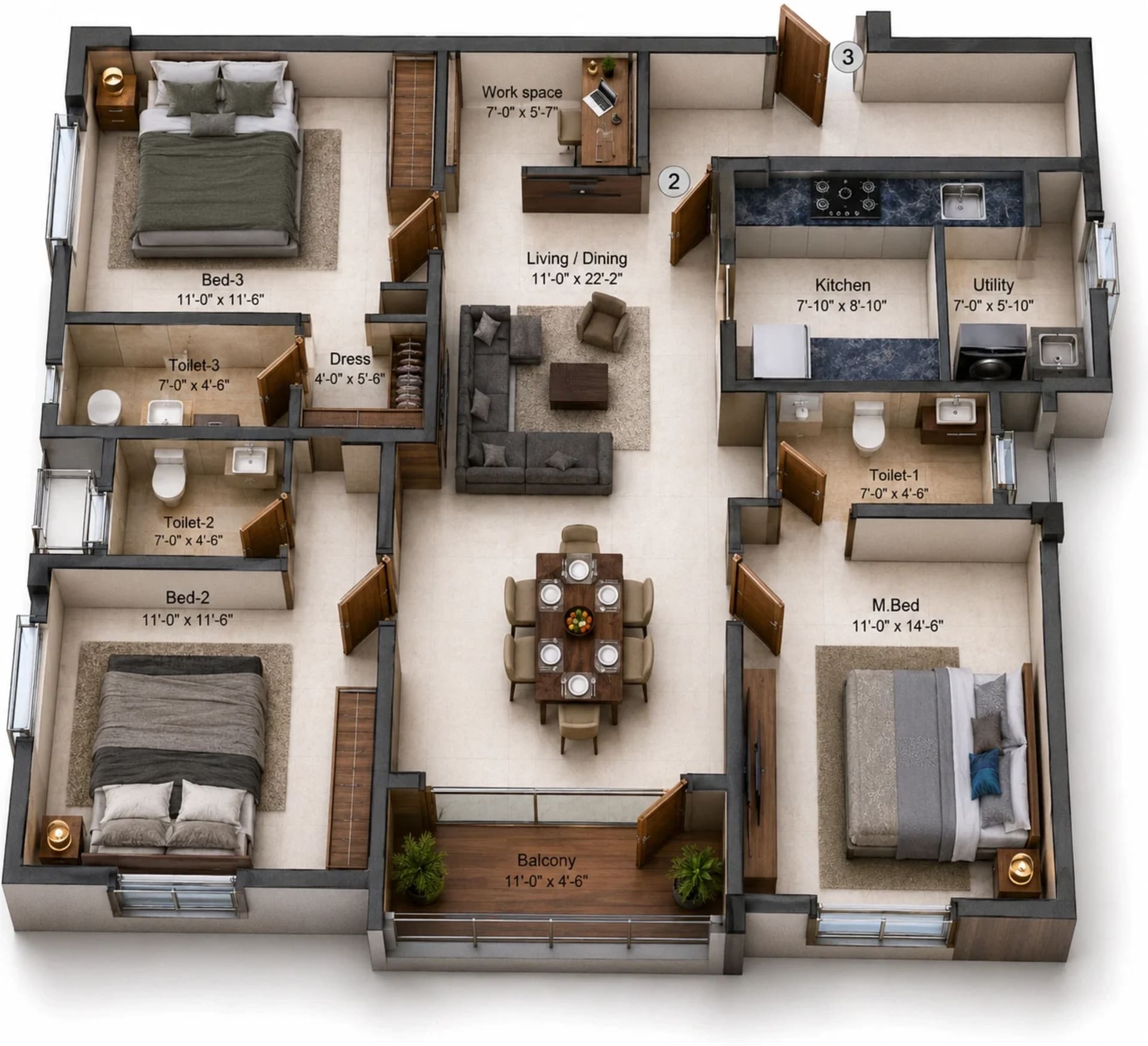 3 BHK Apartment Floor Plan – Kochar Gagan