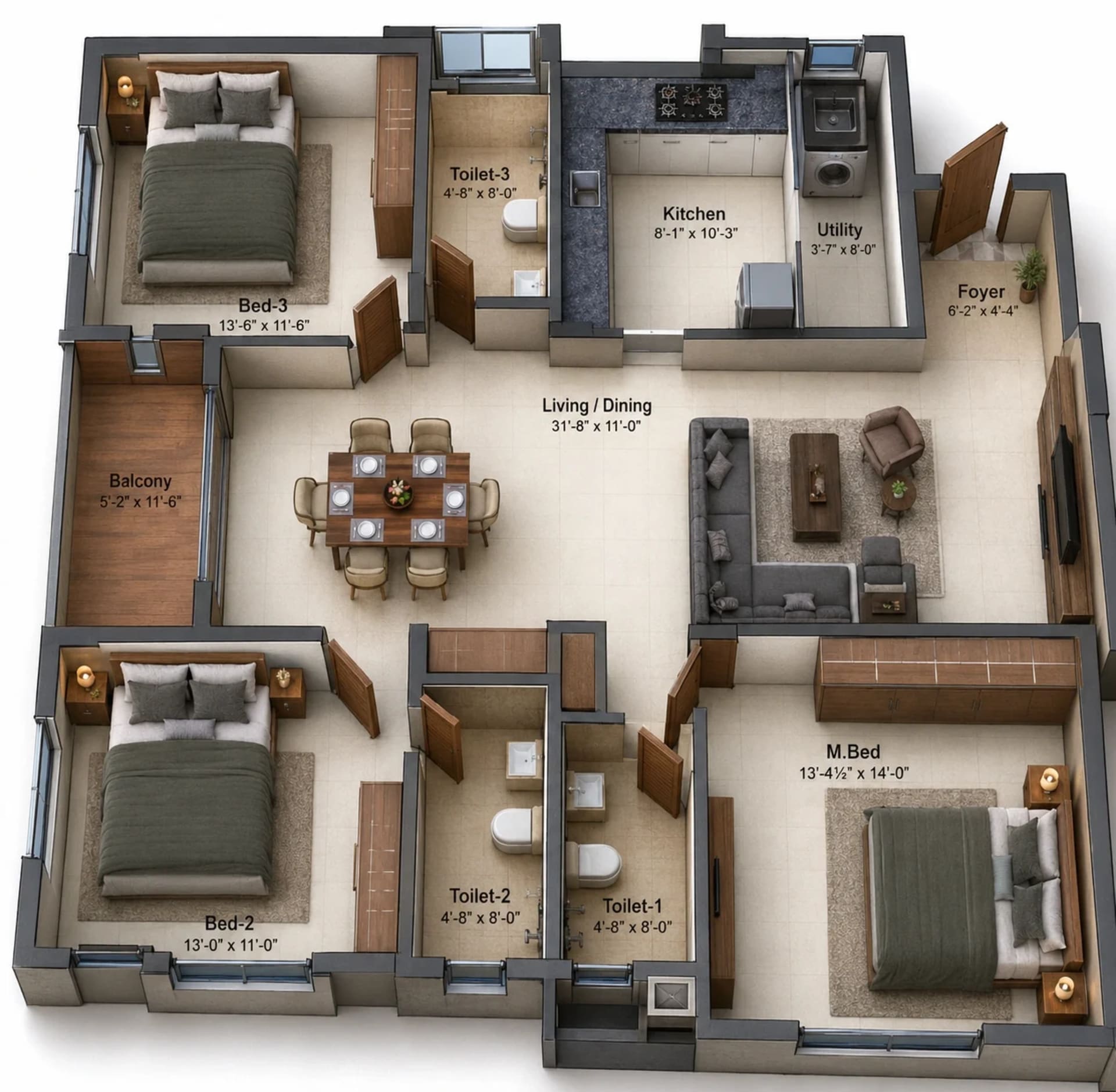 3 BHK Apartment Floor Plan – Kochar Gagan