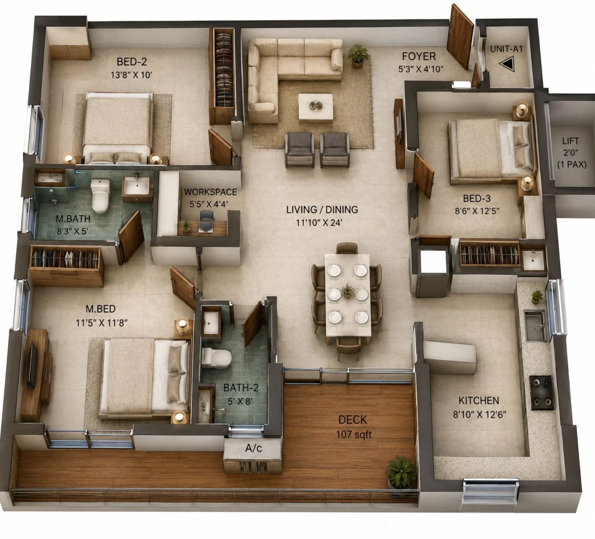 3 BHK Apartment Floor Plan – Kochar Jewel