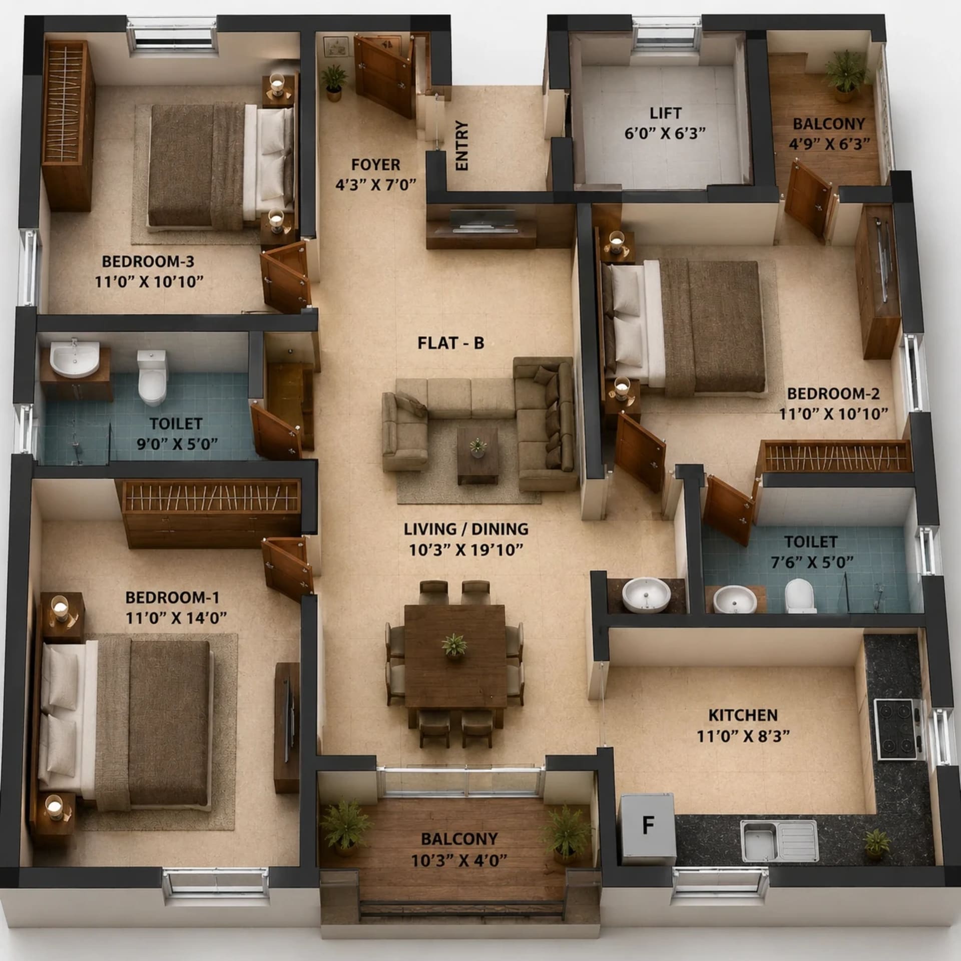 3 BHK Apartment Floor Plan – Lifestyle Portrait