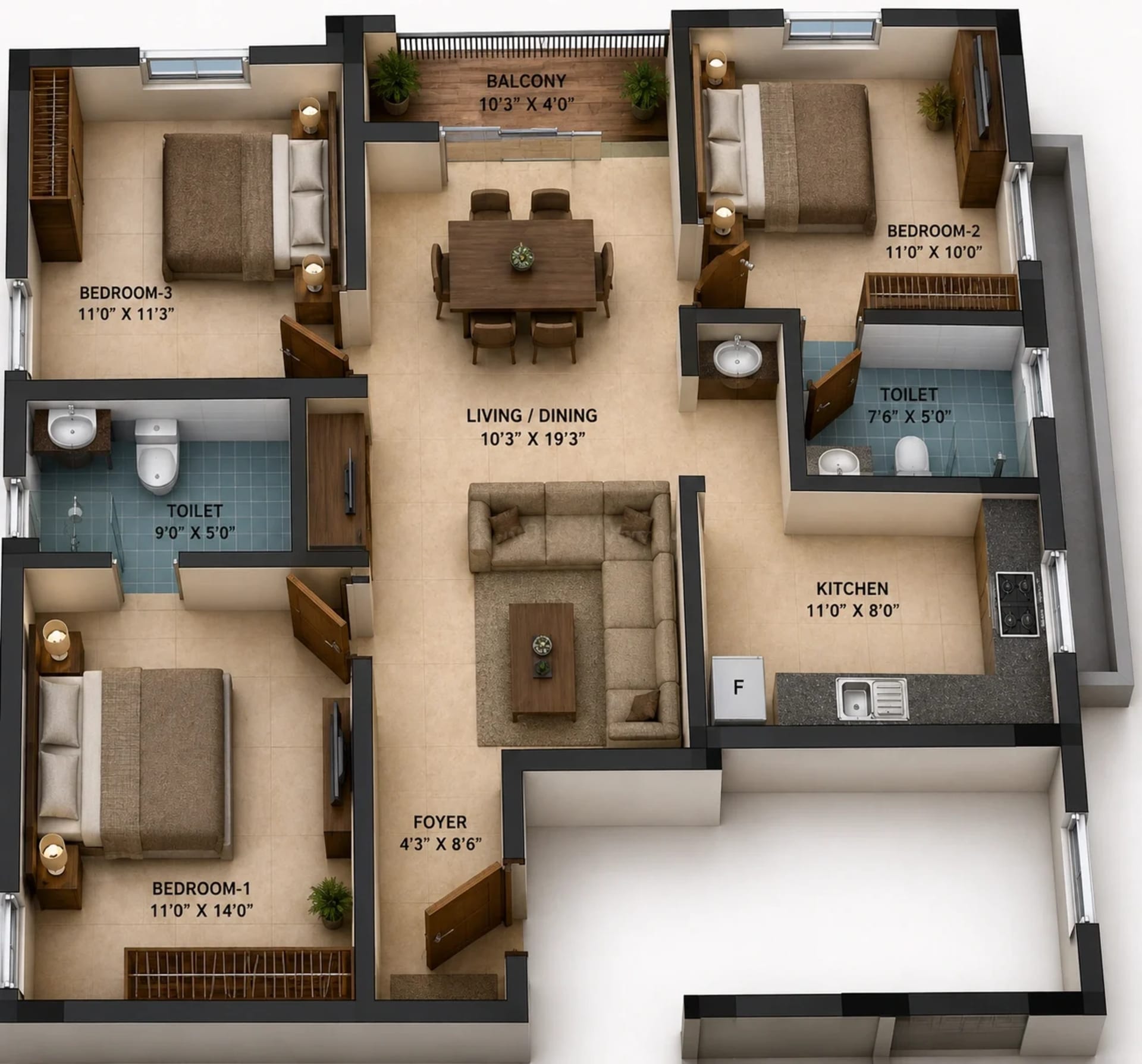 3 BHK Apartment Floor Plan – Lifestyle Portrait