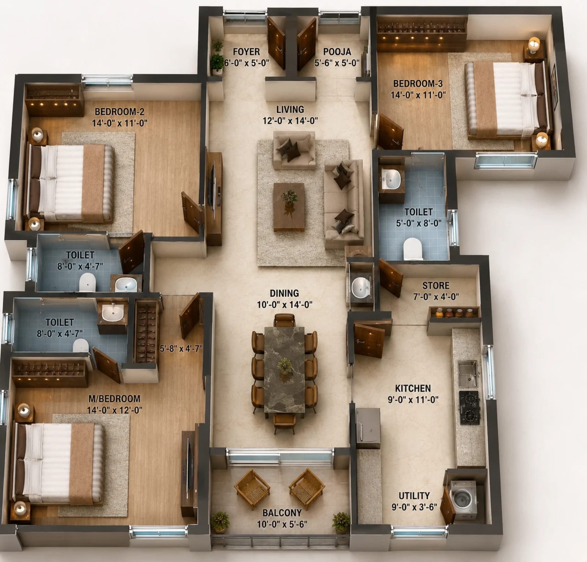 3 BHK Apartment Floor Plan – Lifestyle Vardaan