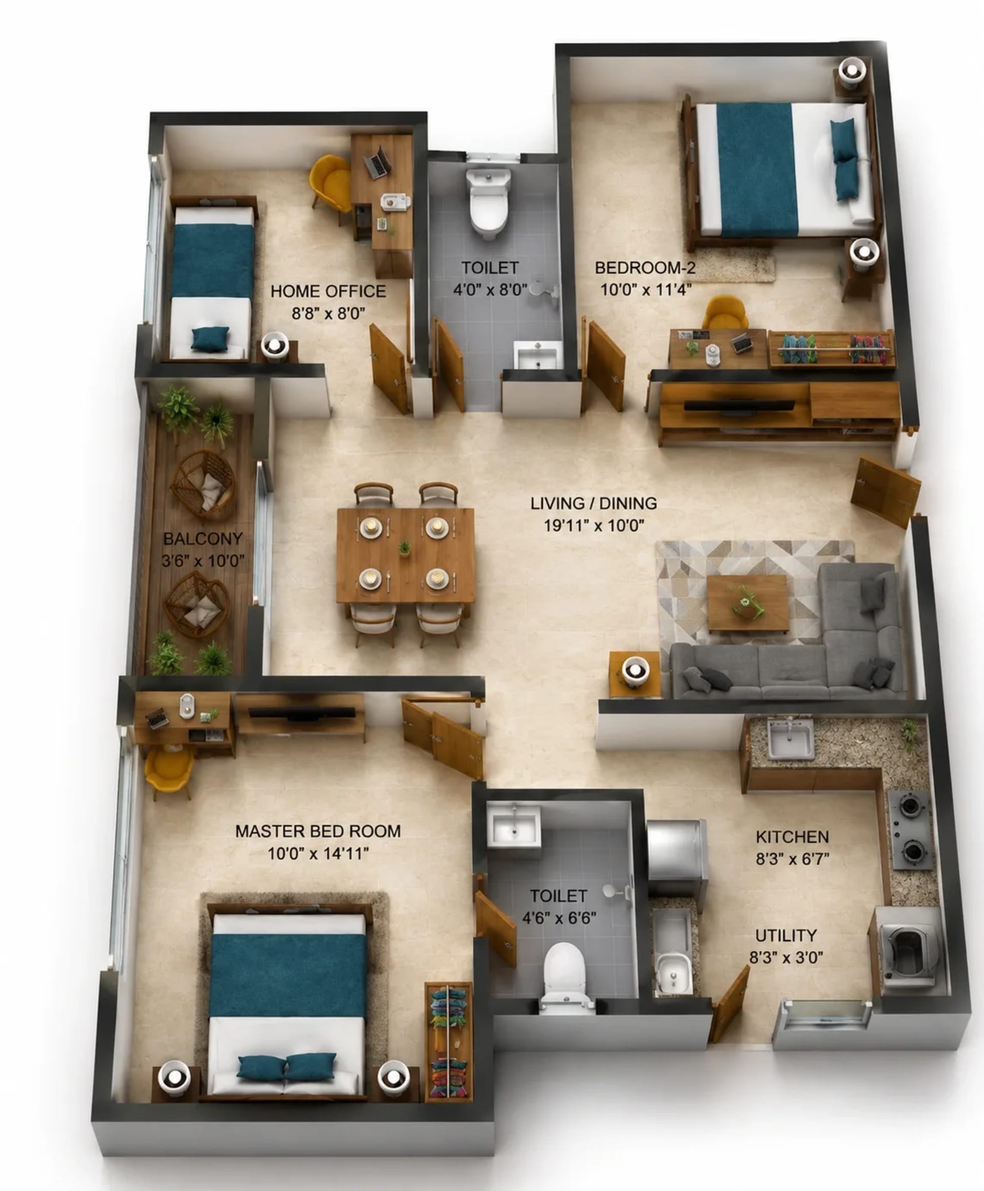 3 BHK Apartment Floor Plan – Urbanrise Spring Tide