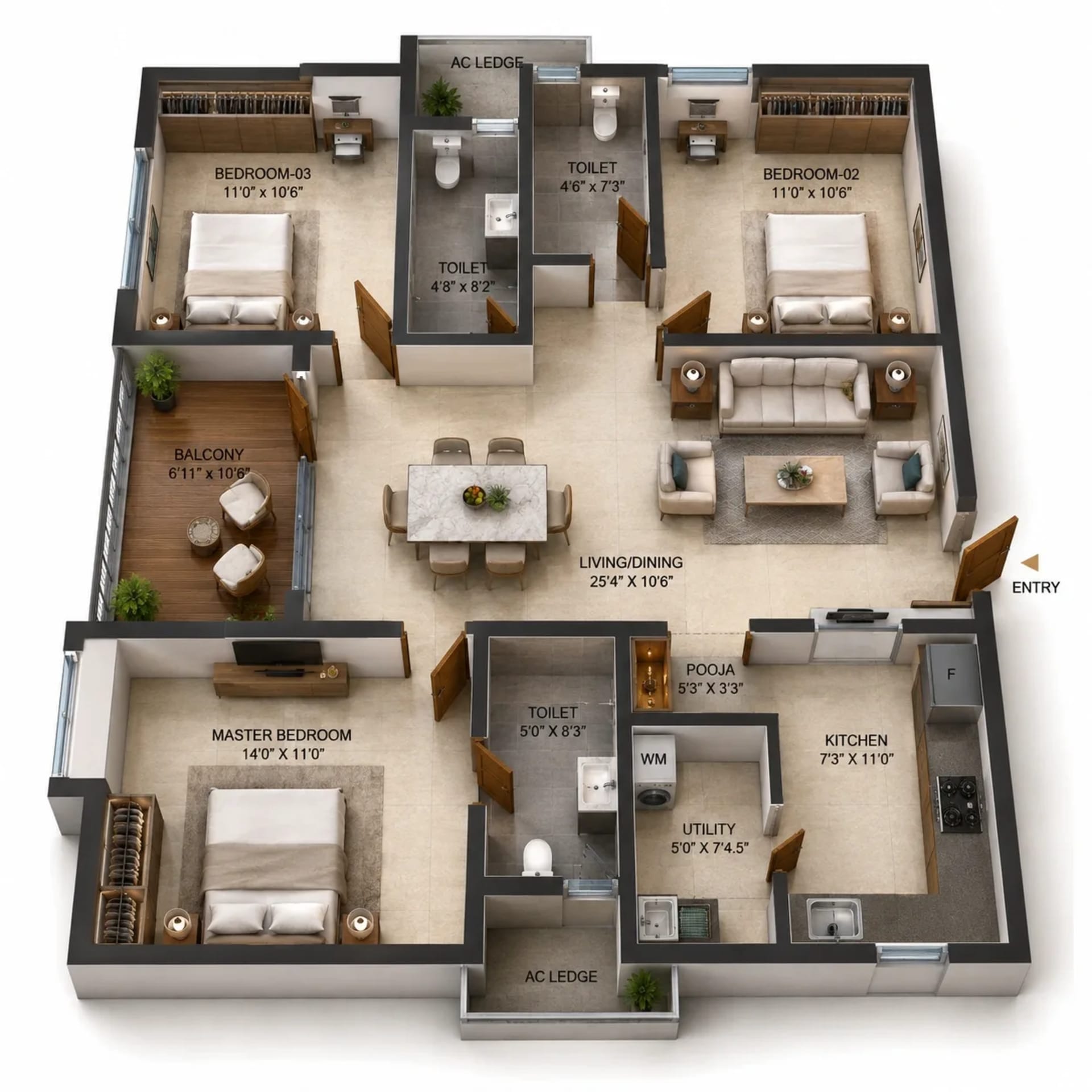 3 BHK Apartment Floor Plan – Urbanrise Whispers of Sky