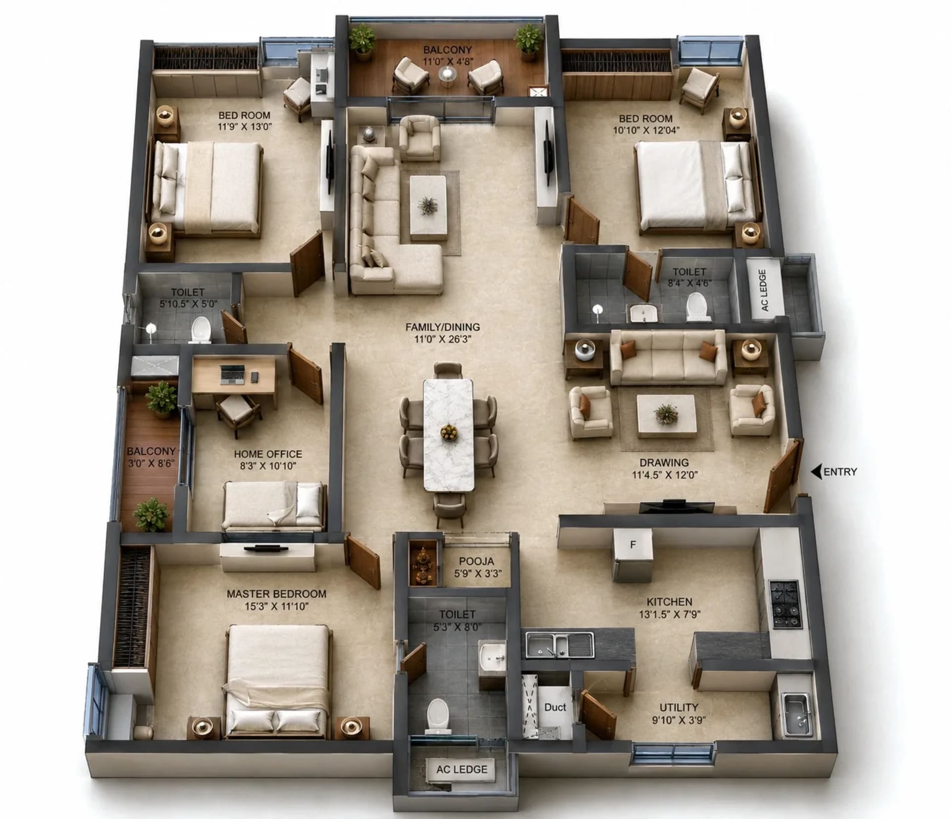 4 BHK Apartment Floor Plan – Urbanrise Whispers of Sky