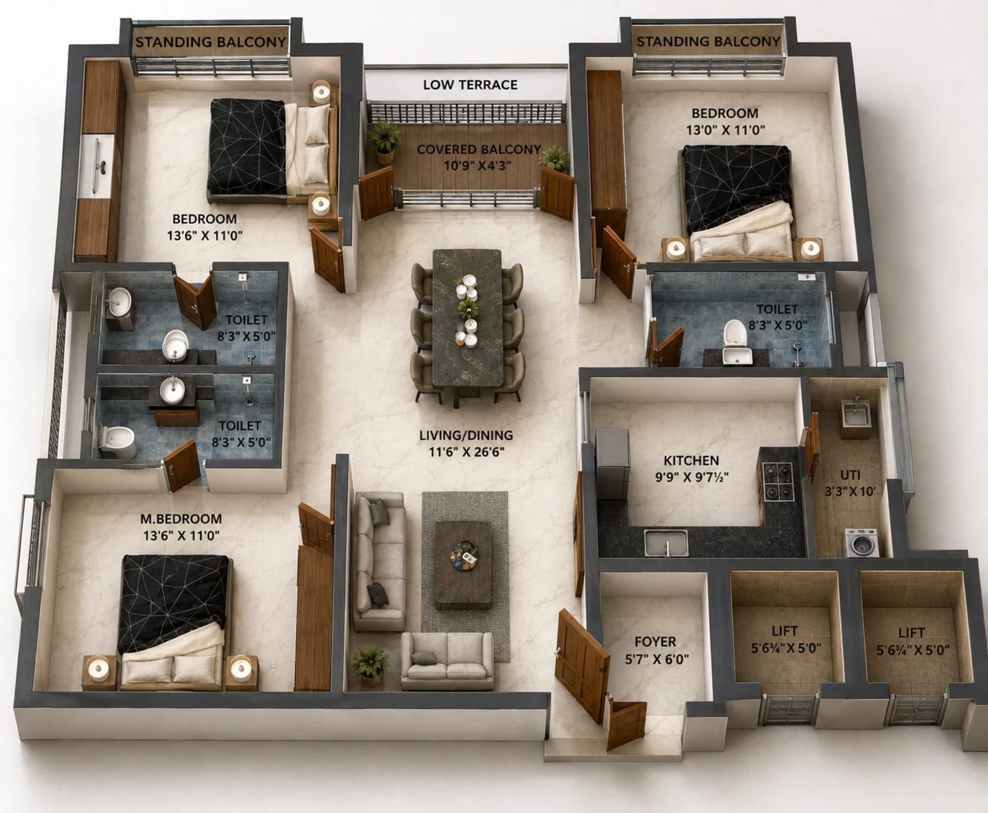 3 BHK Apartment Floor Plan – Nahar Arista