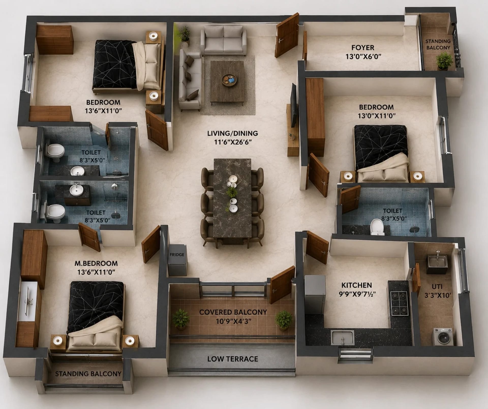 3 BHK Apartment Floor Plan – Nahar Arista
