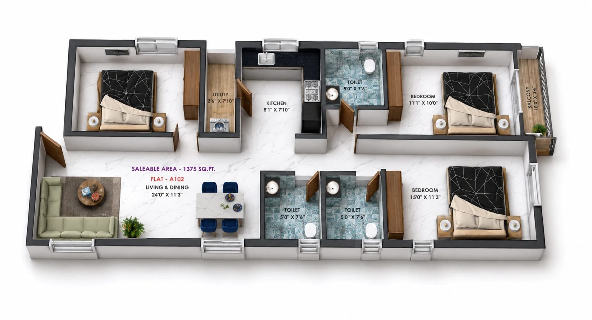 3 BHK Apartment Floor Plan – Nahar East