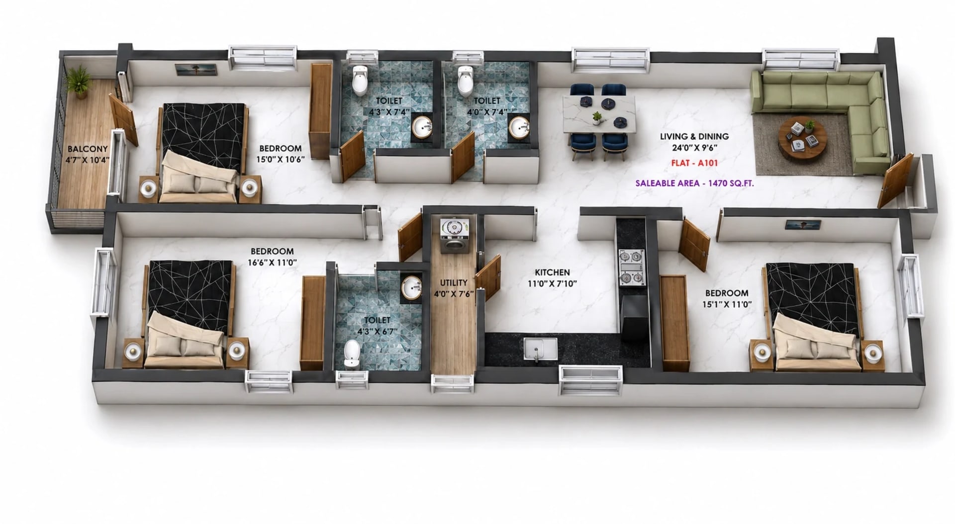 3 BHK Apartment Floor Plan – Nahar East
