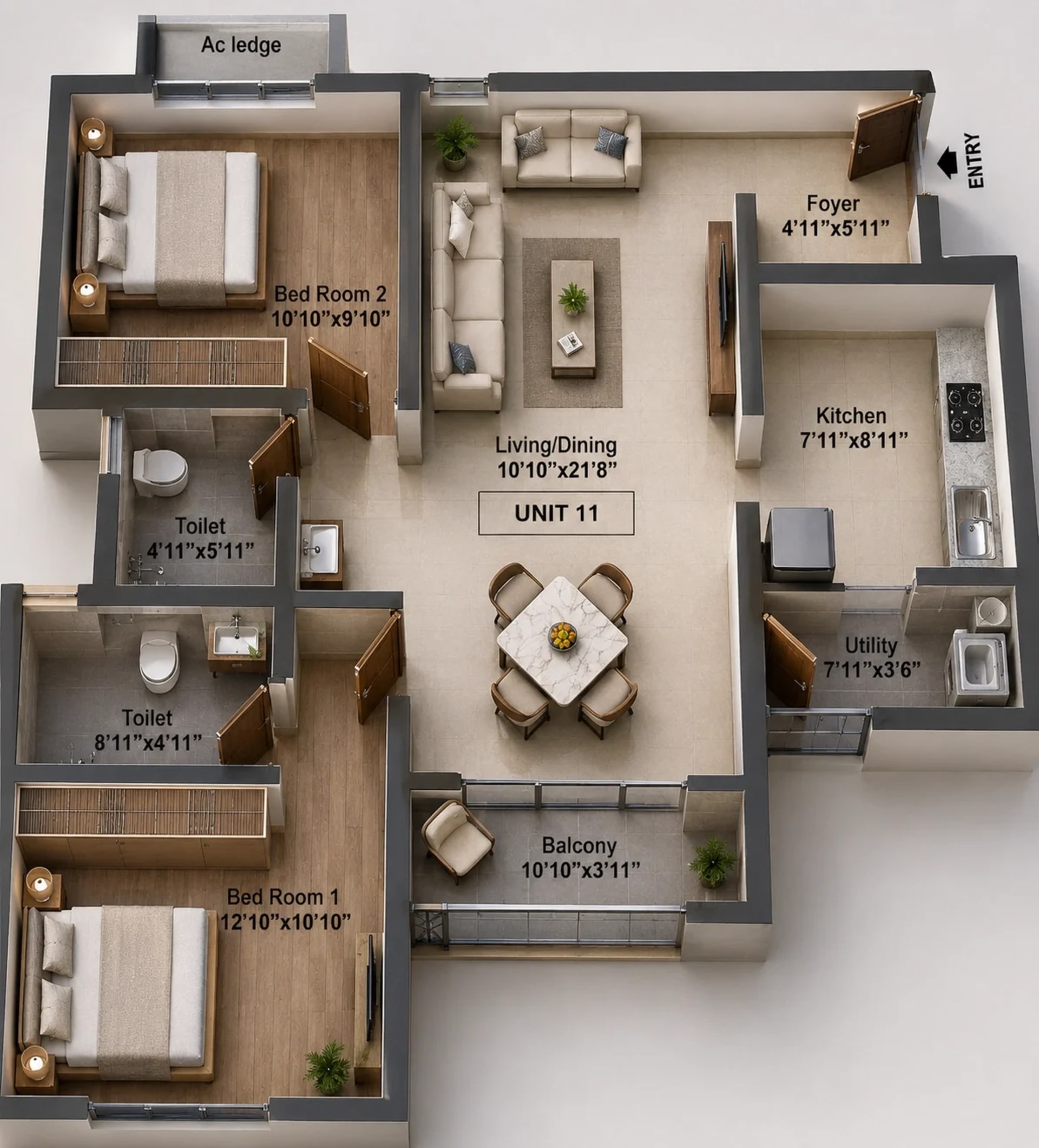 2 BHK Apartment Floor Plan – Daffodils Tower