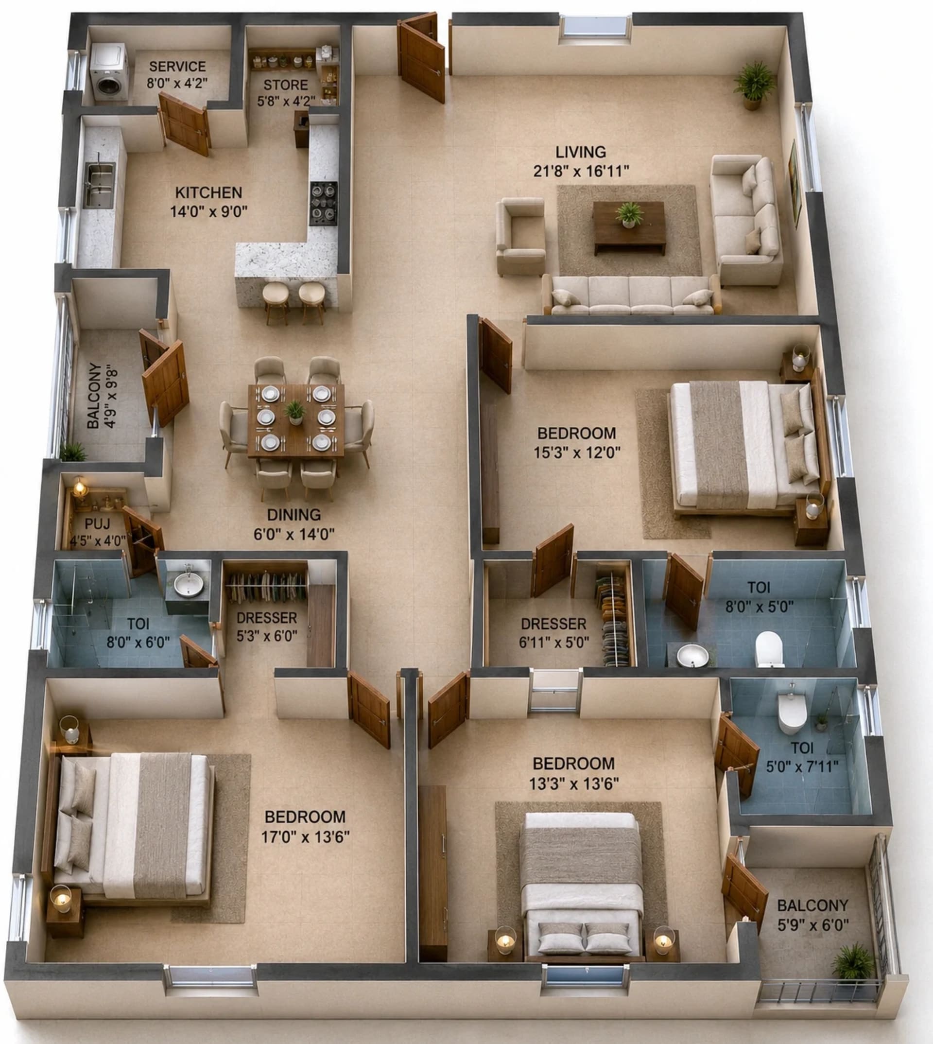 3 BHK Apartment Floor Plan – Rams Hibiscus