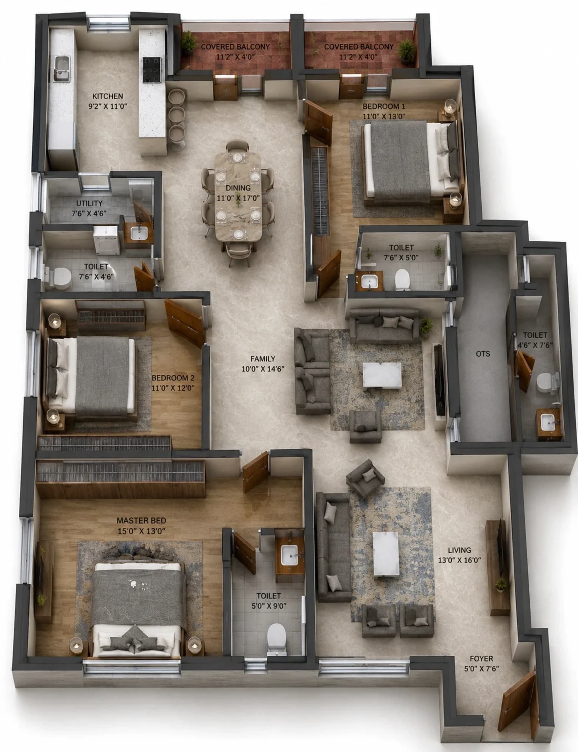 3 BHK Apartment Floor Plan – Rams Foliage