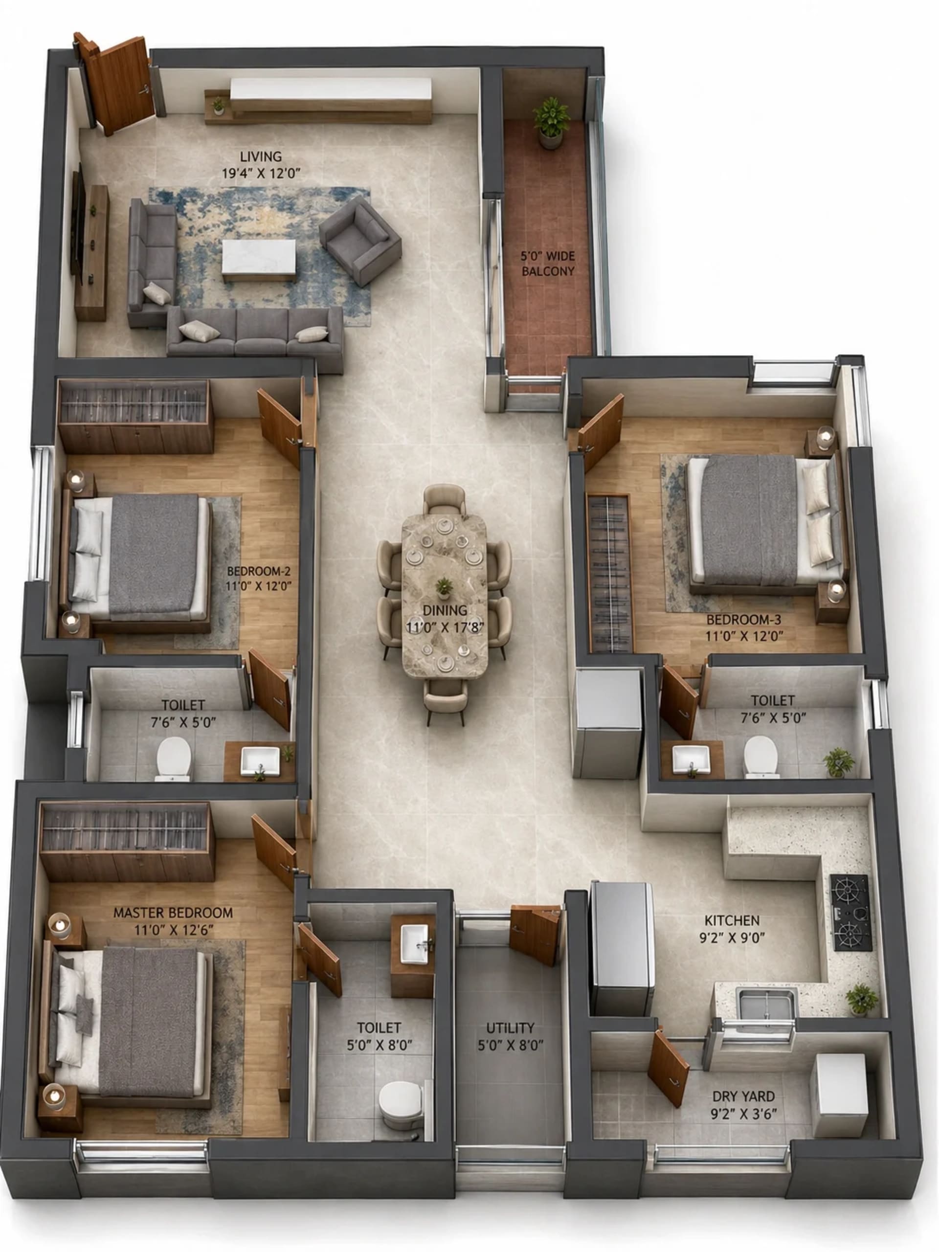 3 BHK Apartment Floor Plan – Rams Foliage