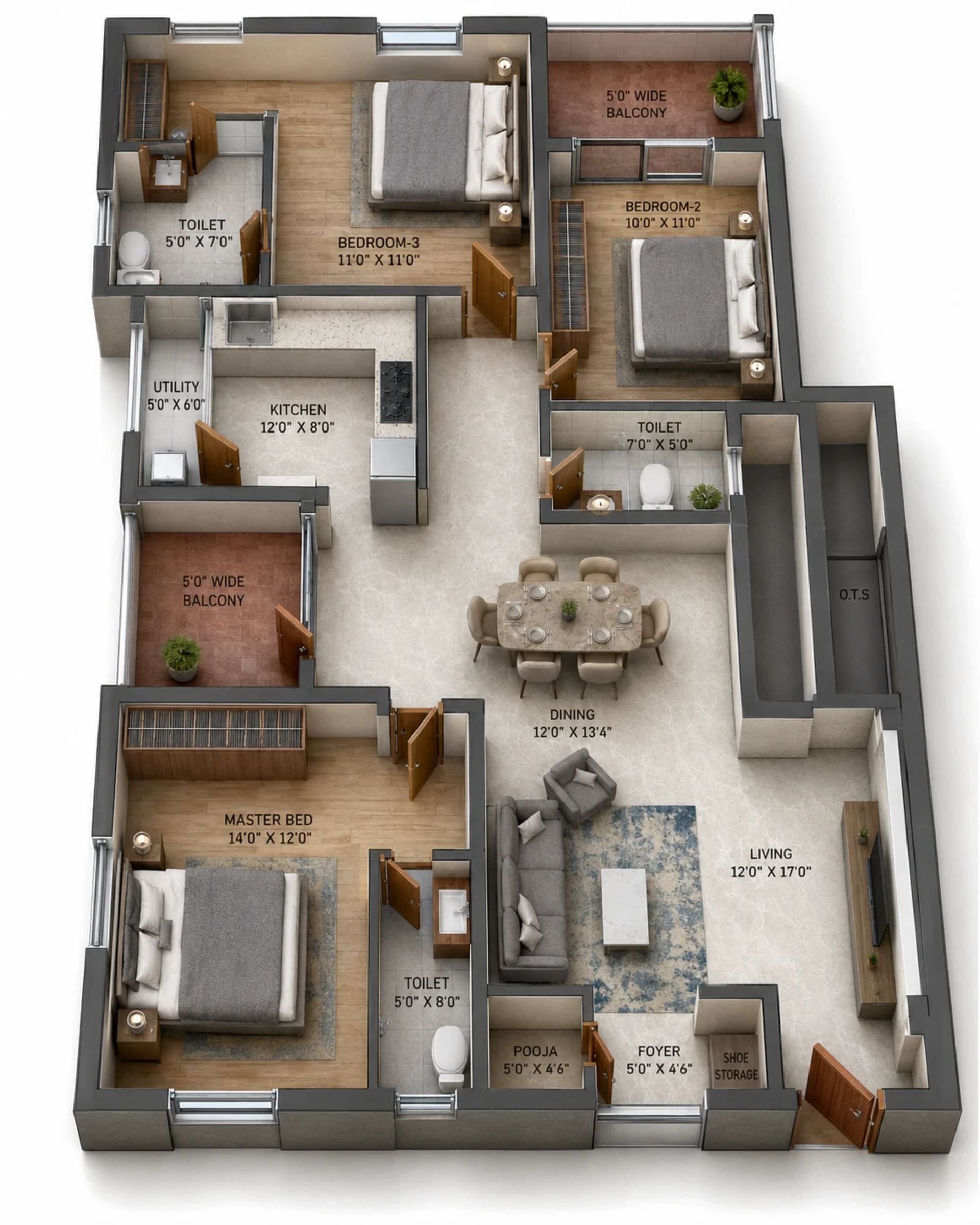 3 BHK Apartment Floor Plan – Rams Foliage