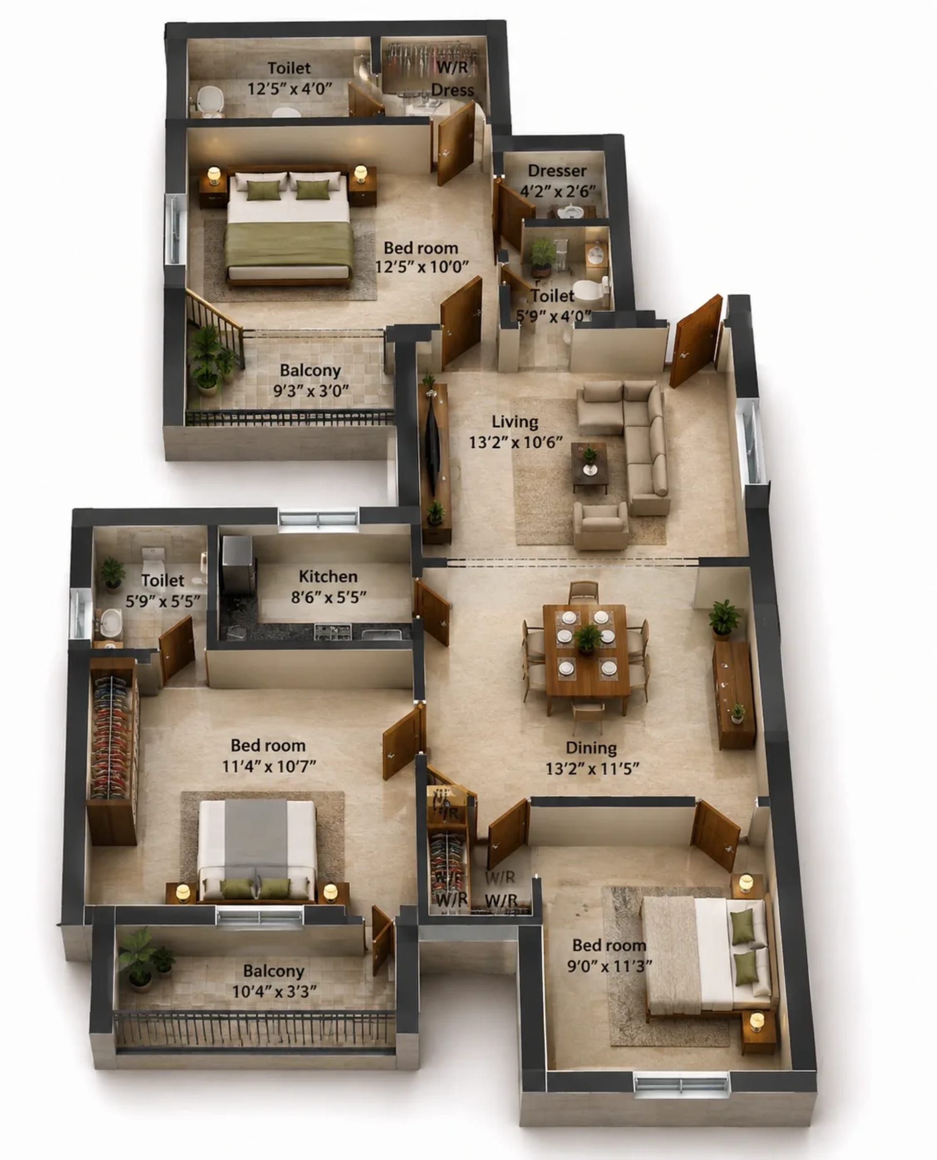 3 BHK Apartment Floor Plan – Rams Green Inns