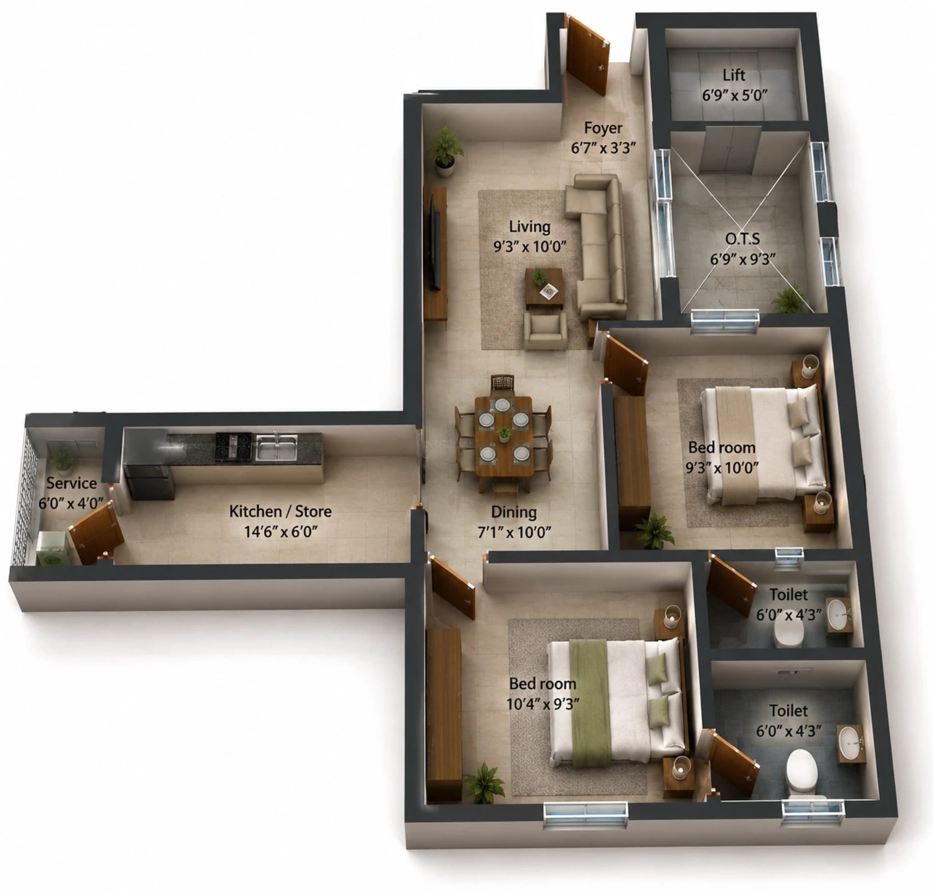 2 BHK Apartment Floor Plan – Rams Green Inns