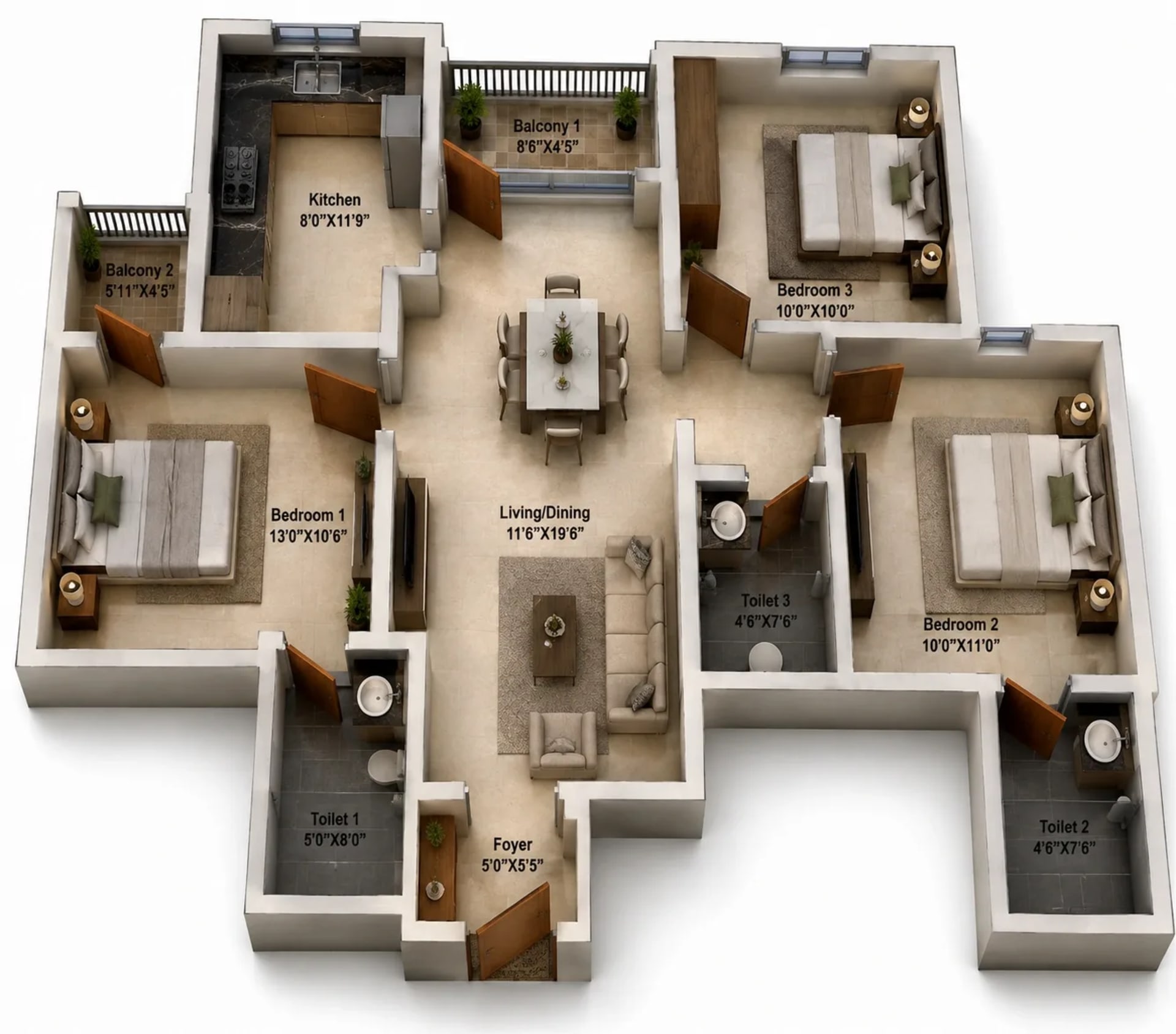 3 BHK Apartment Floor Plan – Provident Bayscape