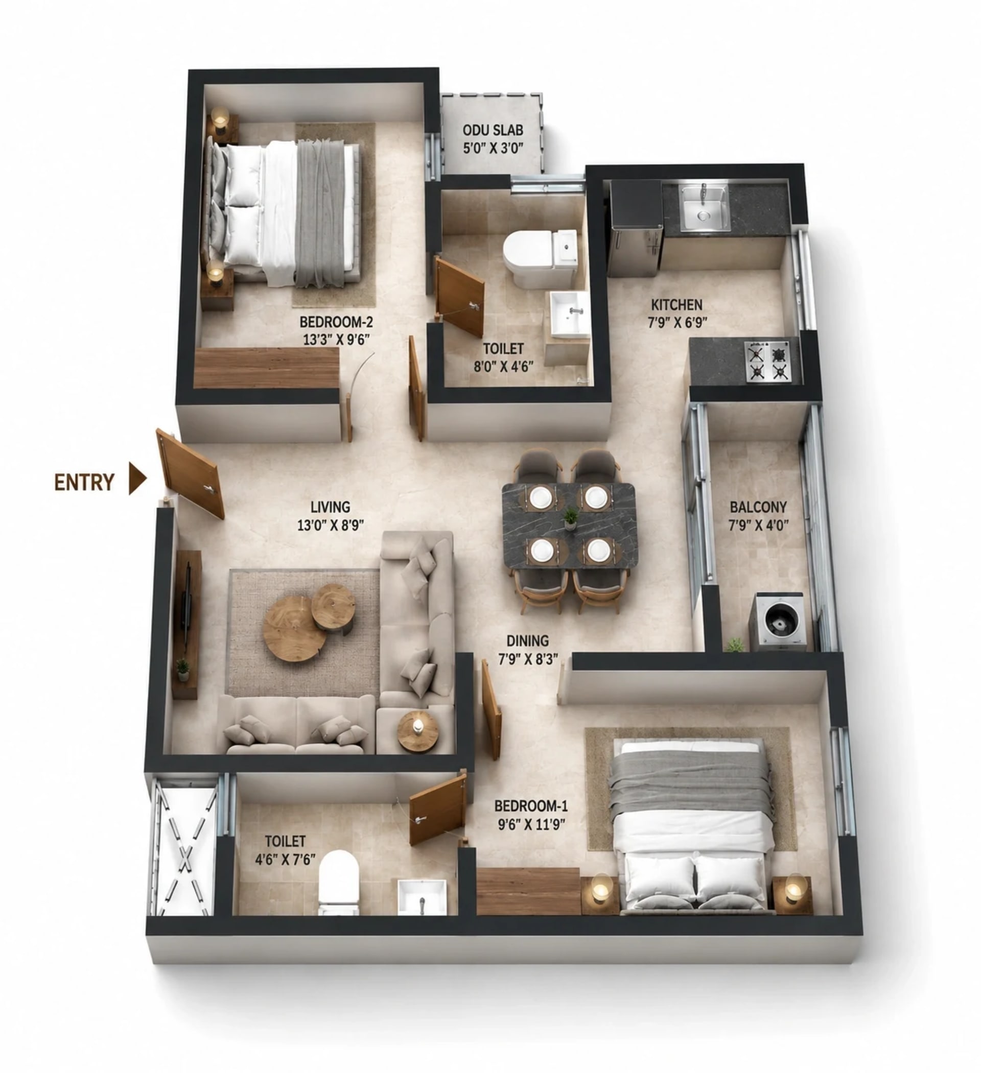 2 BHK Apartment Floor Plan – GTB Rising Palms