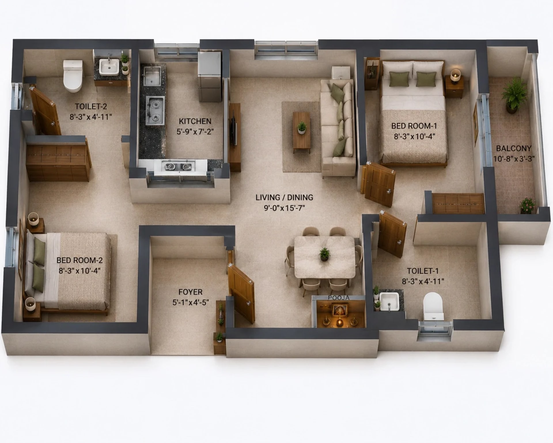 2 BHK Apartment Floor Plan – Arun Excello Samanta