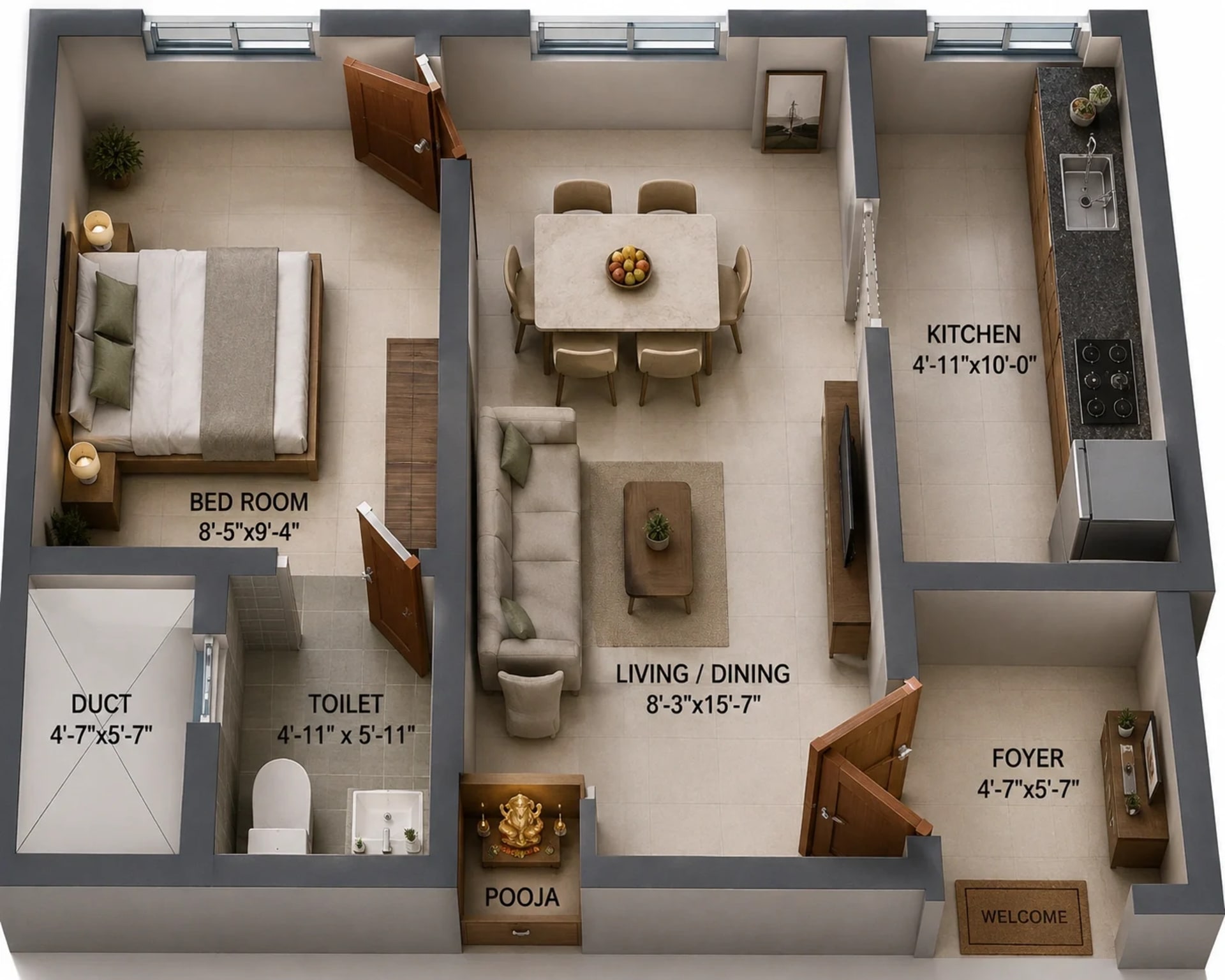 1 BHK Apartment Floor Plan – Arun Excello Samanta