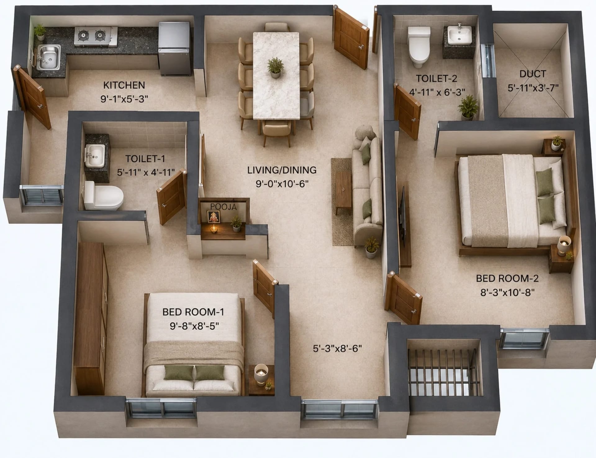 2 BHK Apartment Floor Plan – Arun Excello Samanta