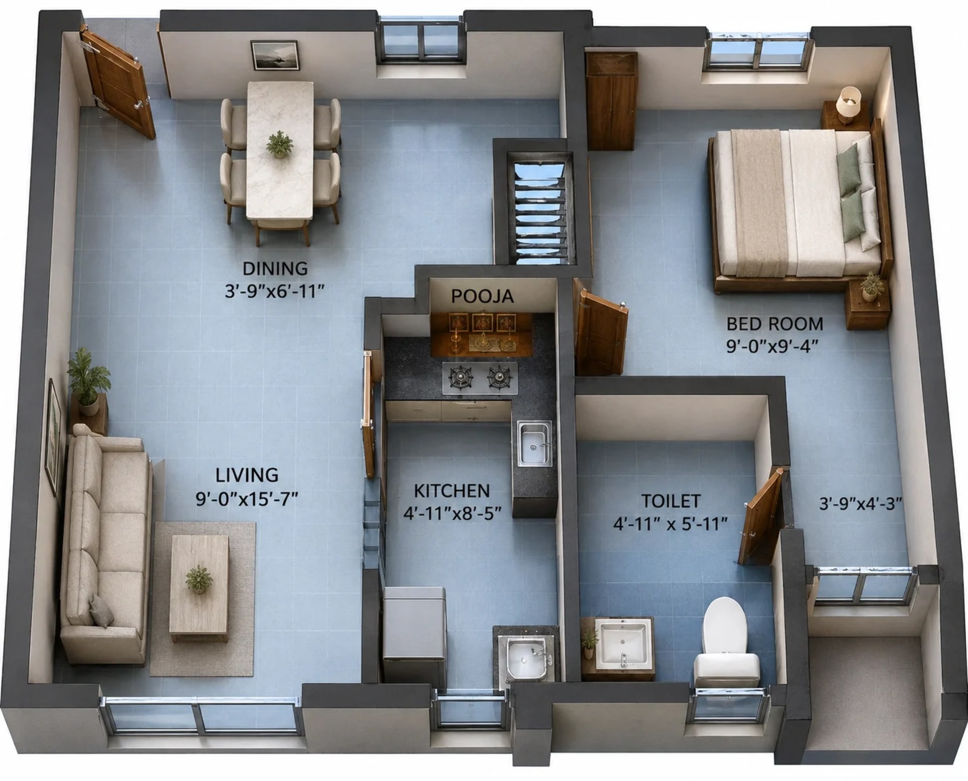 1 BHK Apartment Floor Plan – Arun Excello Samanta
