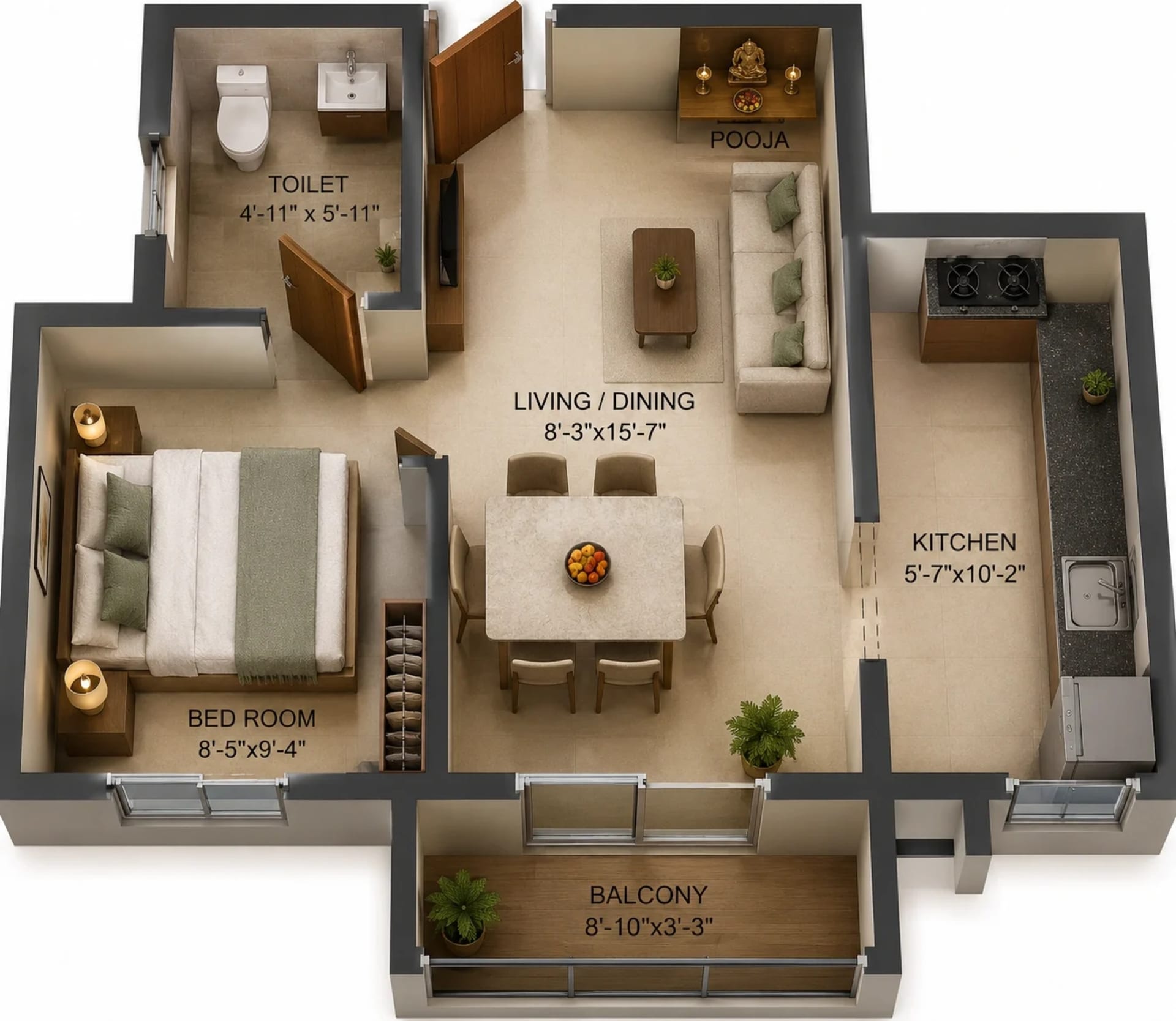 1 BHK Apartment Floor Plan – Arun Excello Samanta