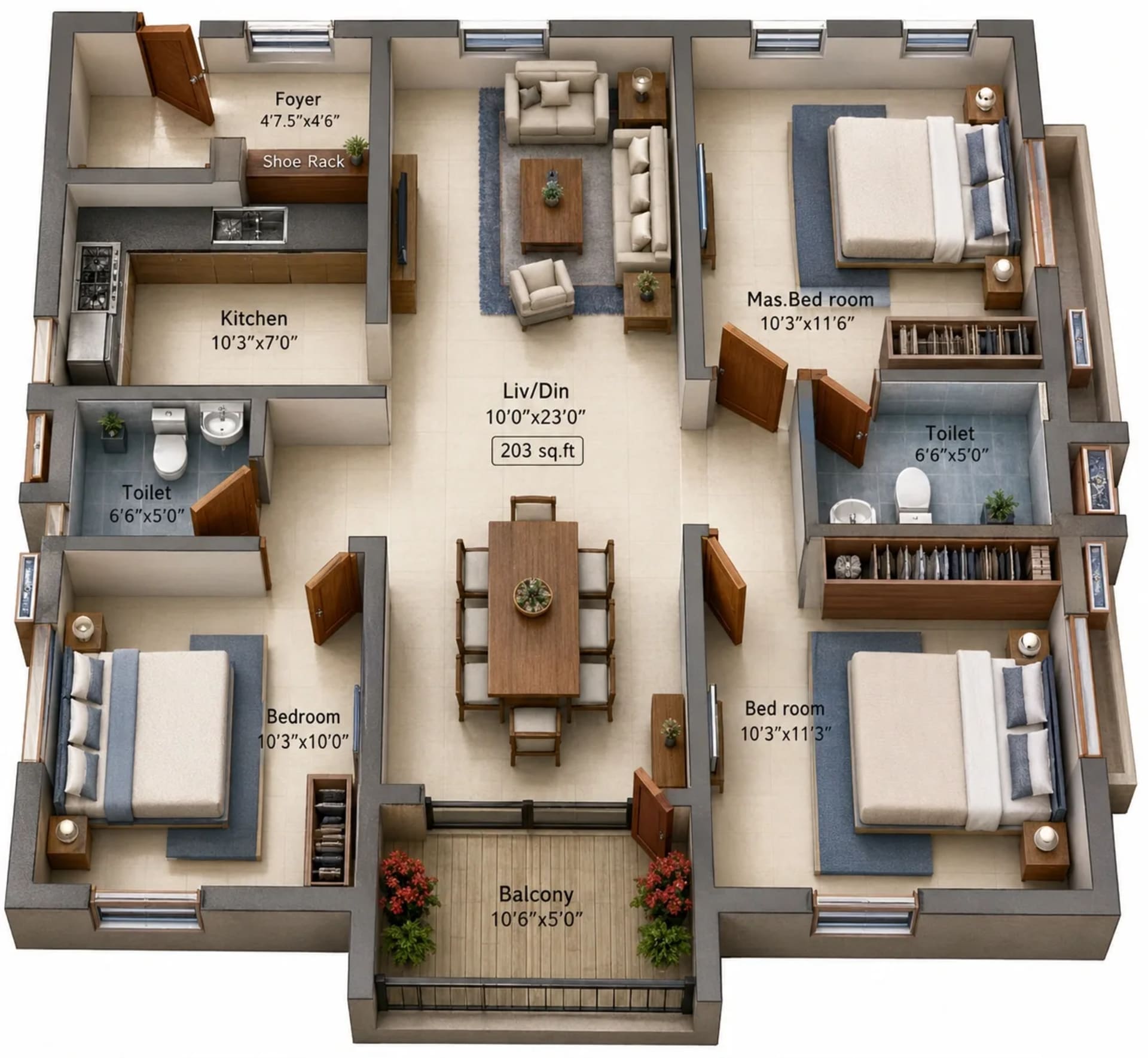 3 BHK Apartment Floor Plan – Pushkars Neem