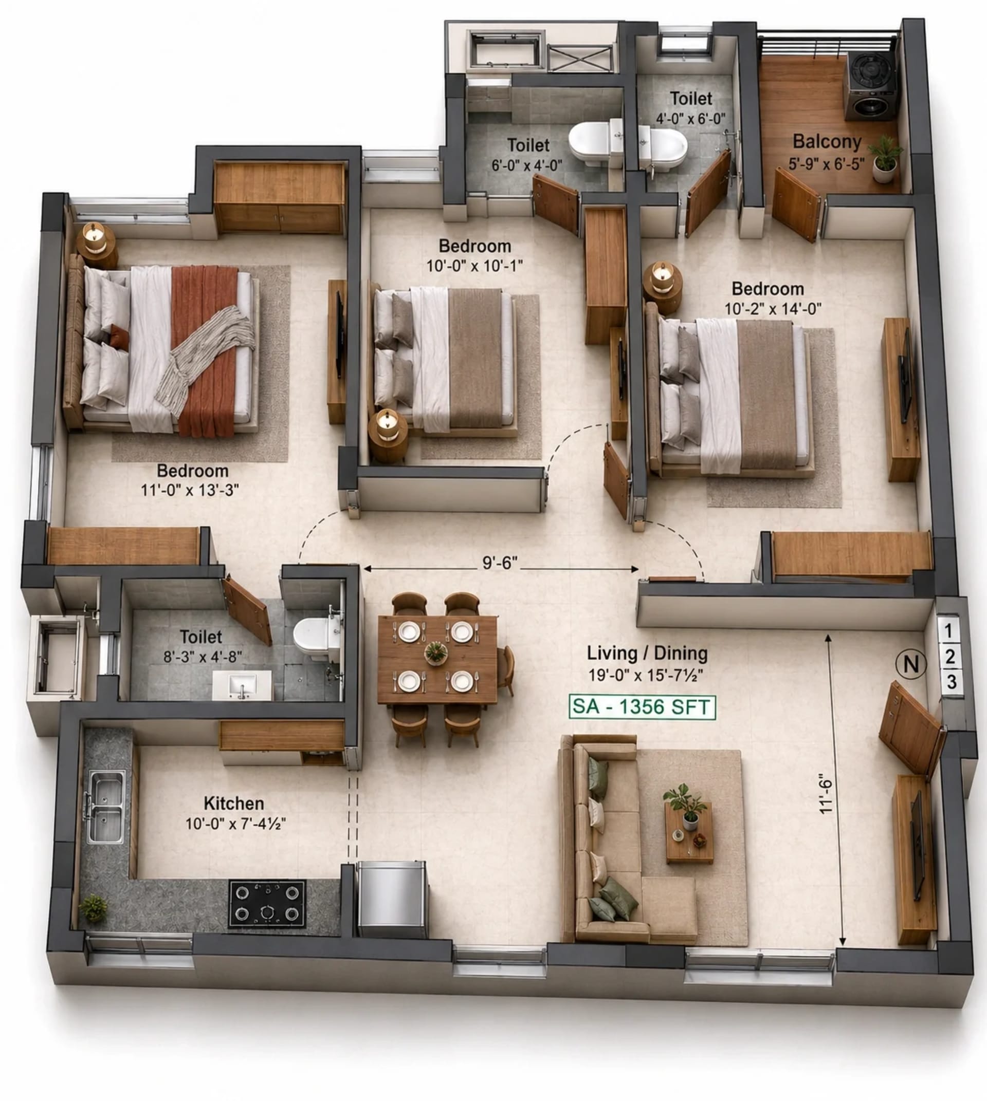 3 BHK Apartment Floor Plan – Preetha Confluence